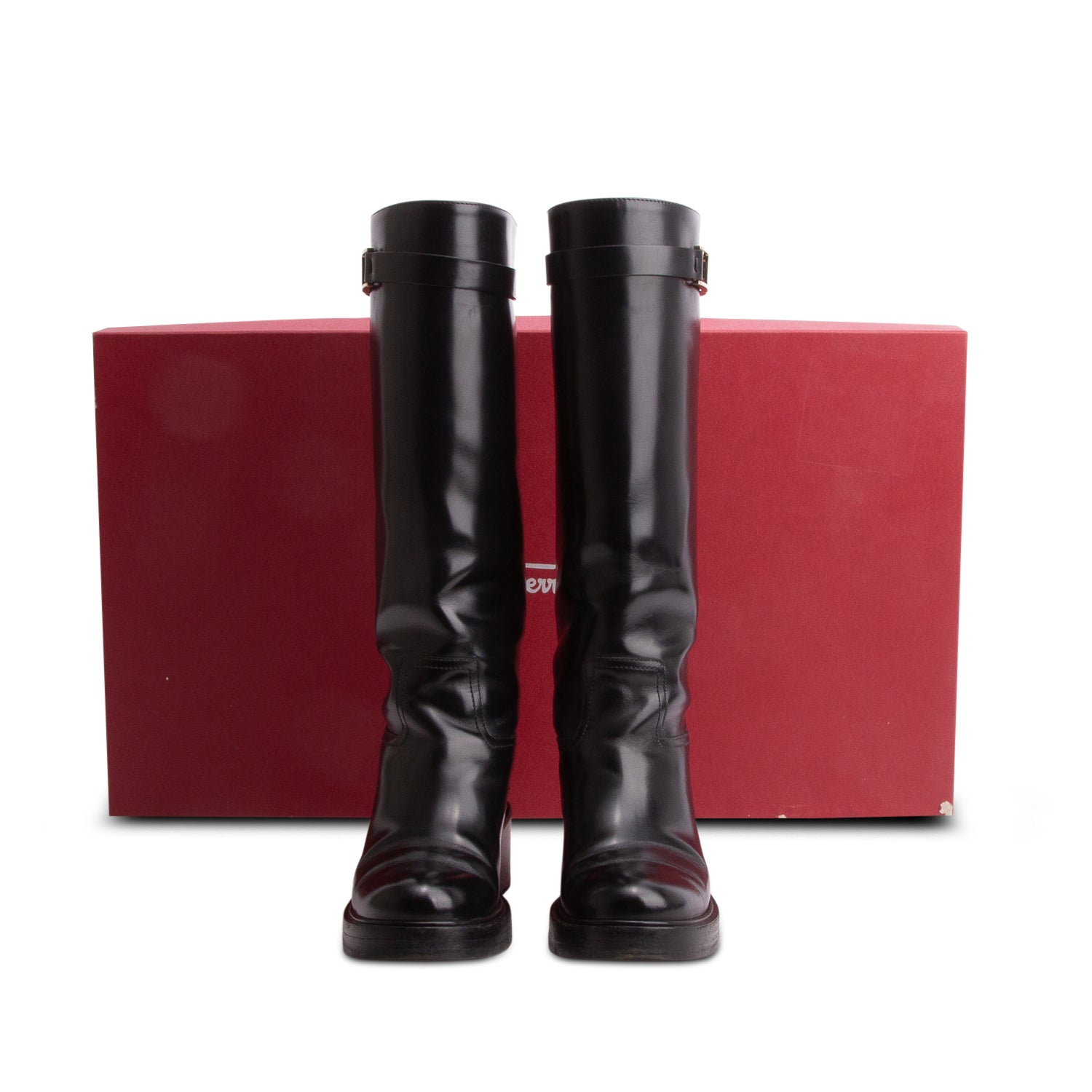Salvatore Ferragamo Black Leather Rosalie Riding Boots, Size 5 w/ Box