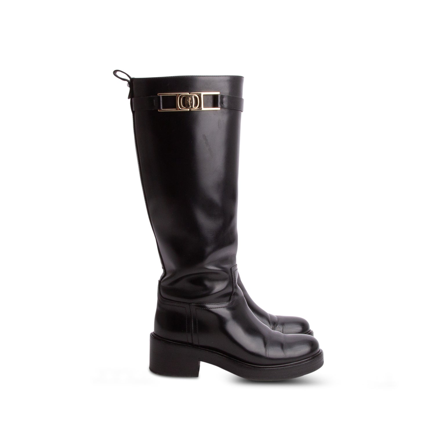 Salvatore Ferragamo Black Leather Rosalie Riding Boots, Size 5 w/ Box