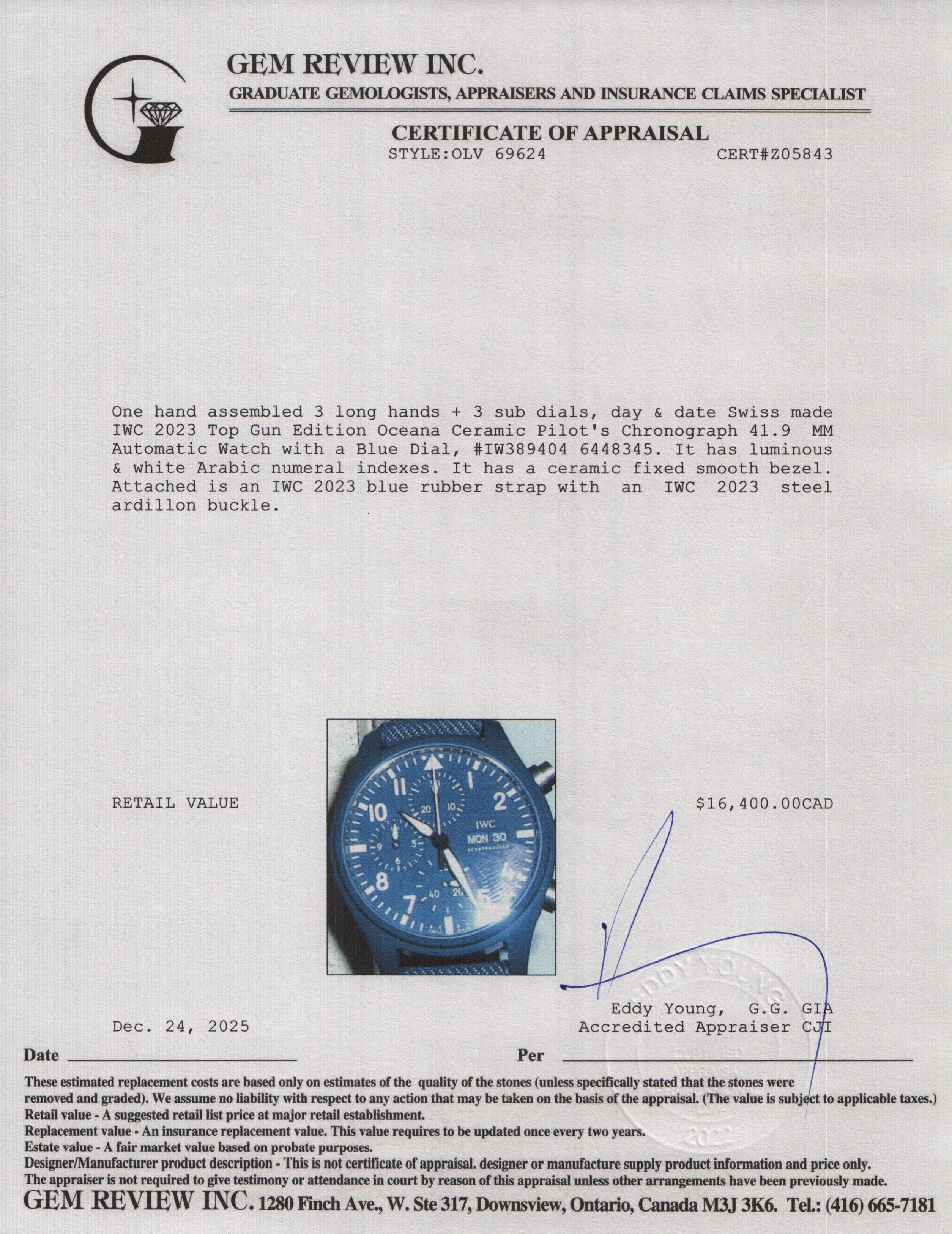 IWC 2023 Top Gun Edition Oceana Ceramic Pilot's Chronograph 41.9 MM Automatic Watch Blue Dial IW389404 w/ Box & Papers