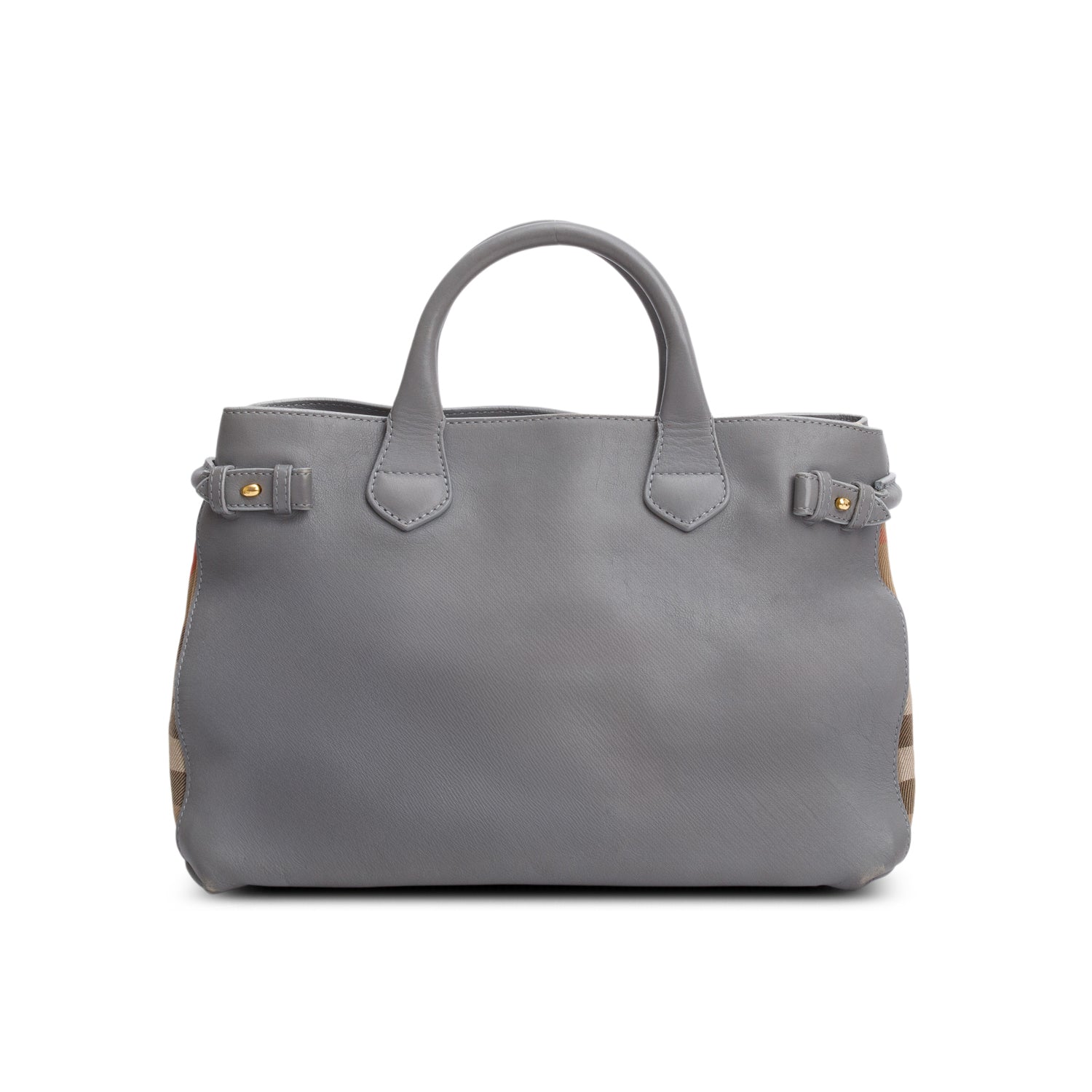 Burberry Grey Calfskin Leather House Check Medium Banner Tote w/ Strap