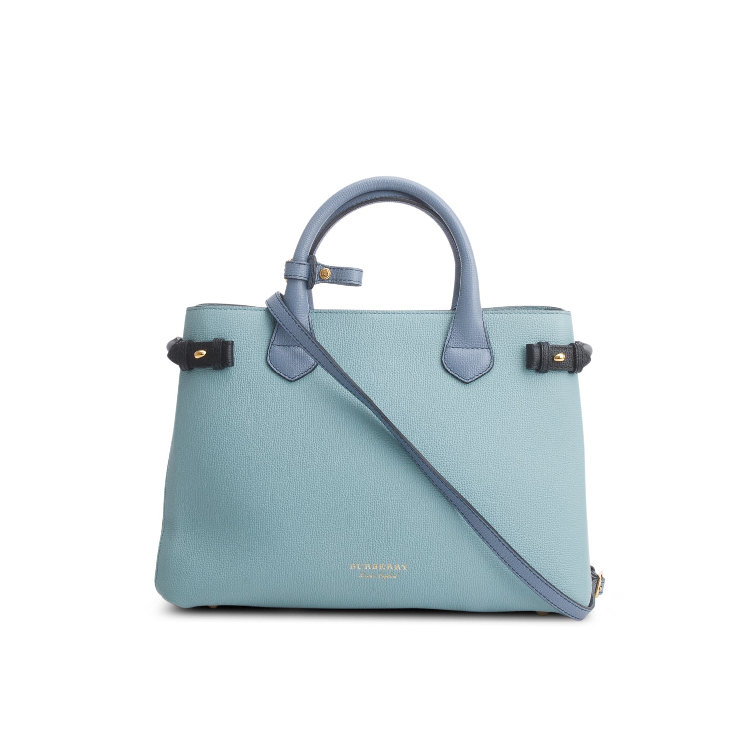Burberry Teal Grainy Calfskin Leather House Check Medium Banner Tote w/ Strap
