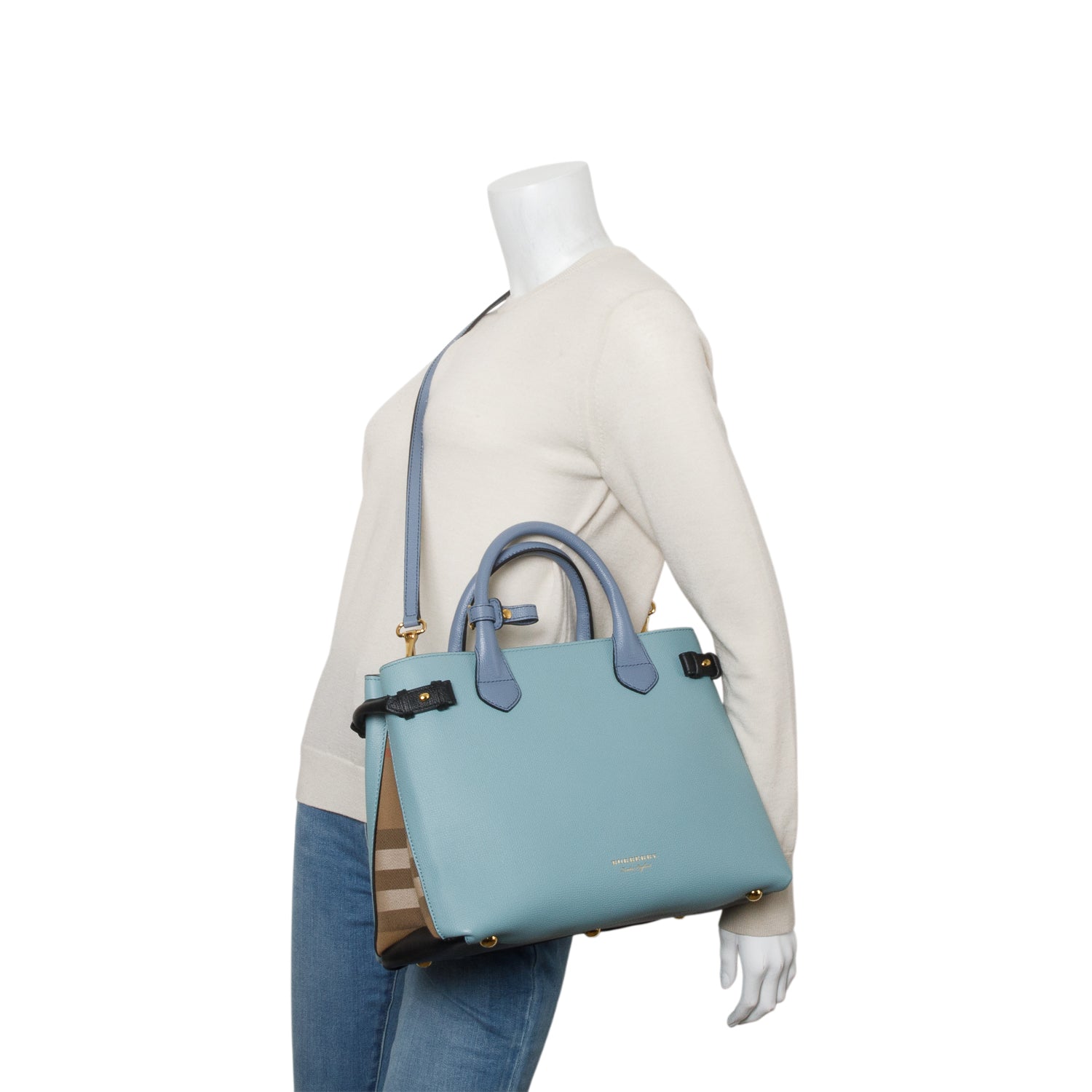 Burberry Teal Grainy Calfskin Leather House Check Medium Banner Tote w/ Strap