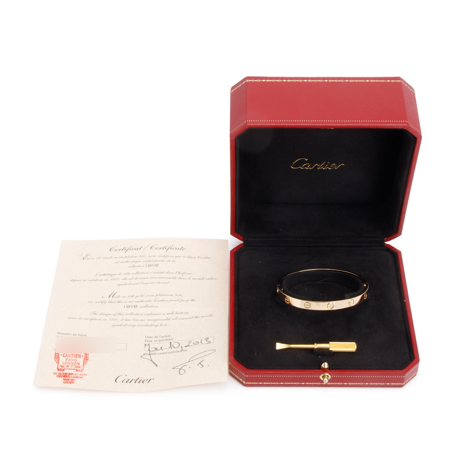 Cartier 18k Yellow Gold Love Bracelet, Classic Model, Size 17 w/ Box & Certificate