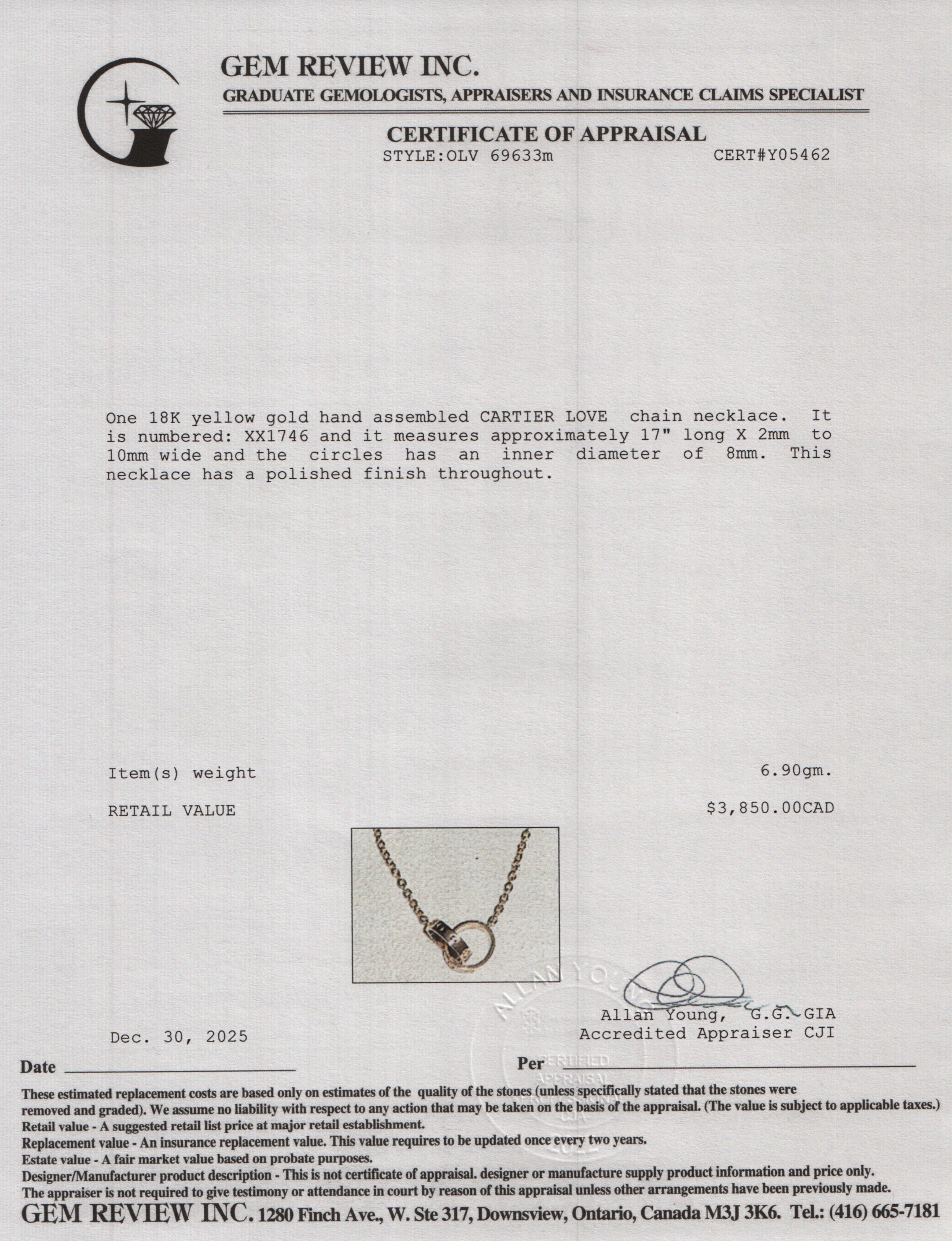 Cartier 2024 18k Yellow Gold Love Necklace w/ Box & Certificate