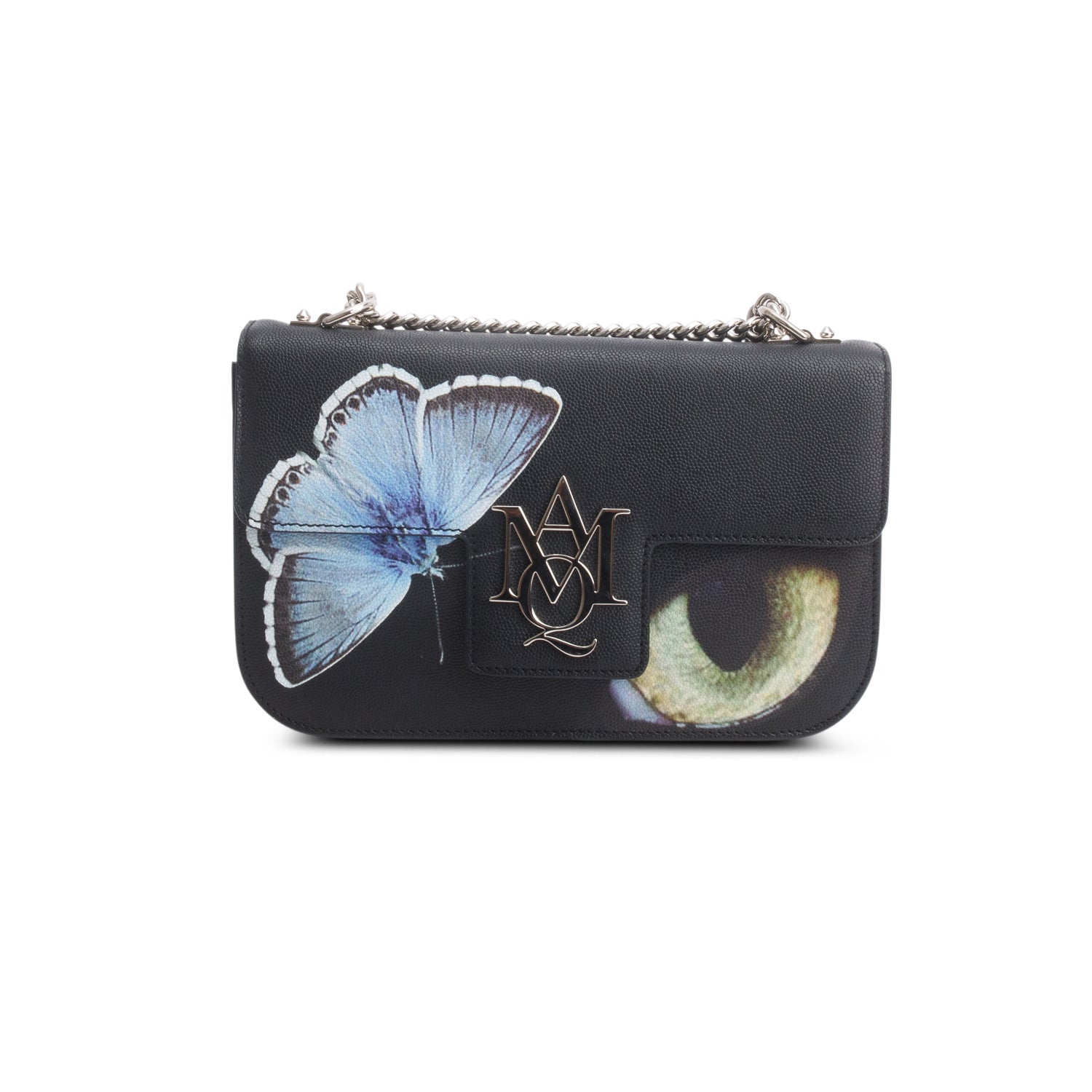 Alexander McQueen Black Printed Calfskin Leather Butterfly Insignia Flap Bag