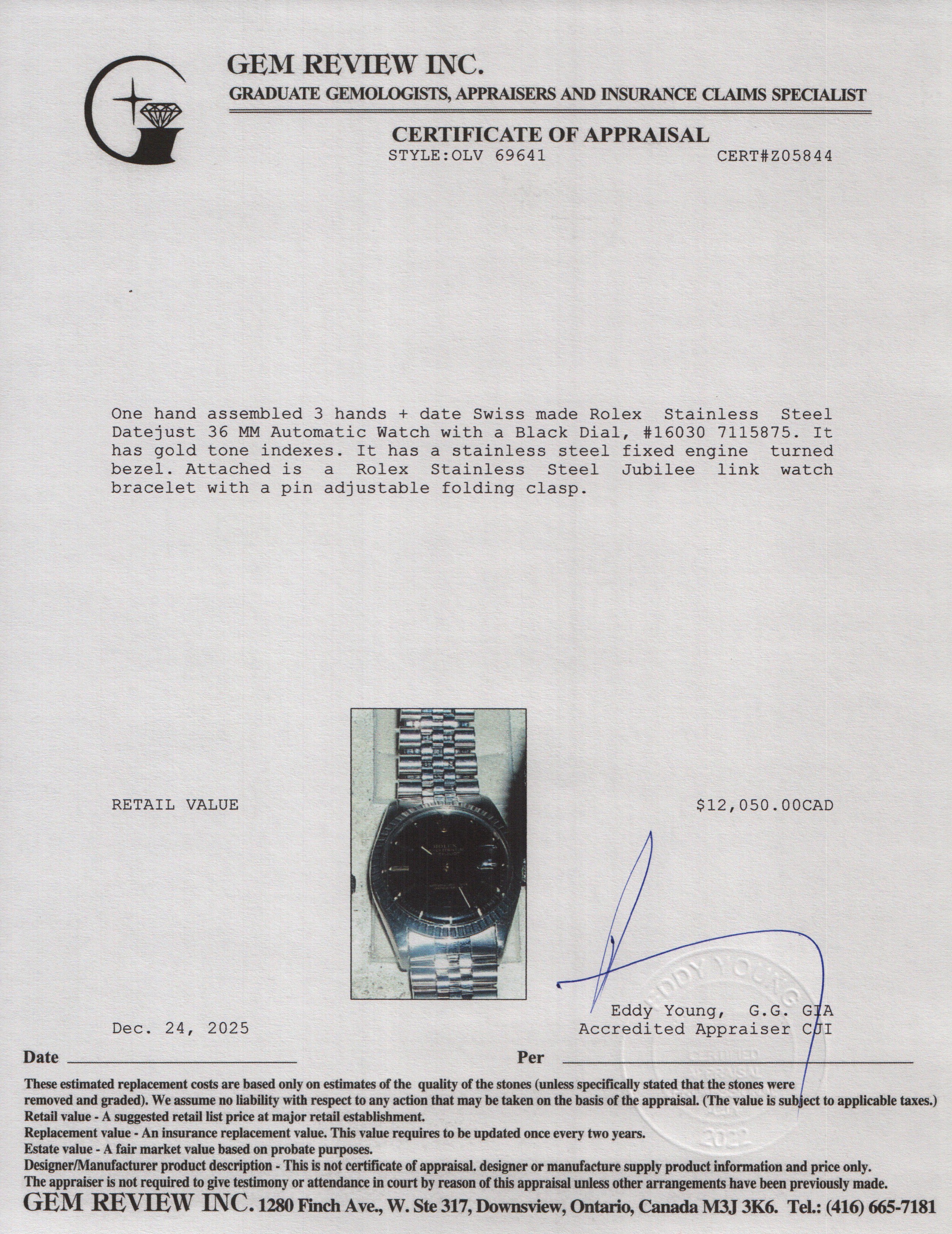 Rolex Stainless Steel Datejust 36 MM Automatic Watch Black Dial 16030