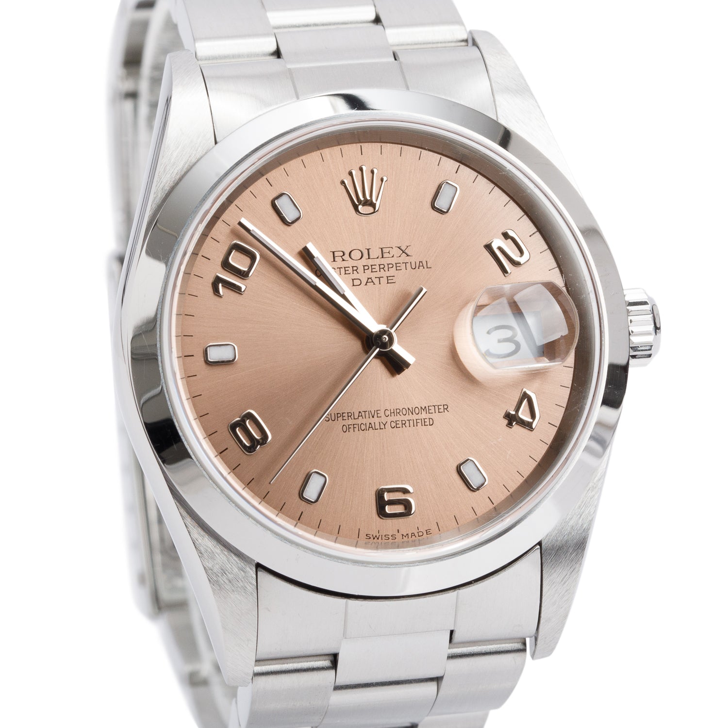 Rolex Stainless Steel Oyster Perpetual Date 34 MM Watch Pink Dial 15200 w/ Box
