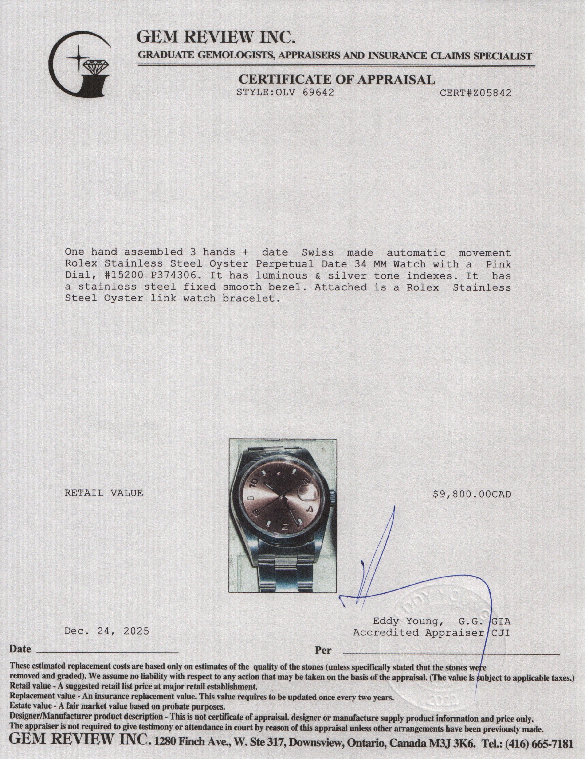 Rolex Stainless Steel Oyster Perpetual Date 34 MM Watch Pink Dial 15200 w/ Box