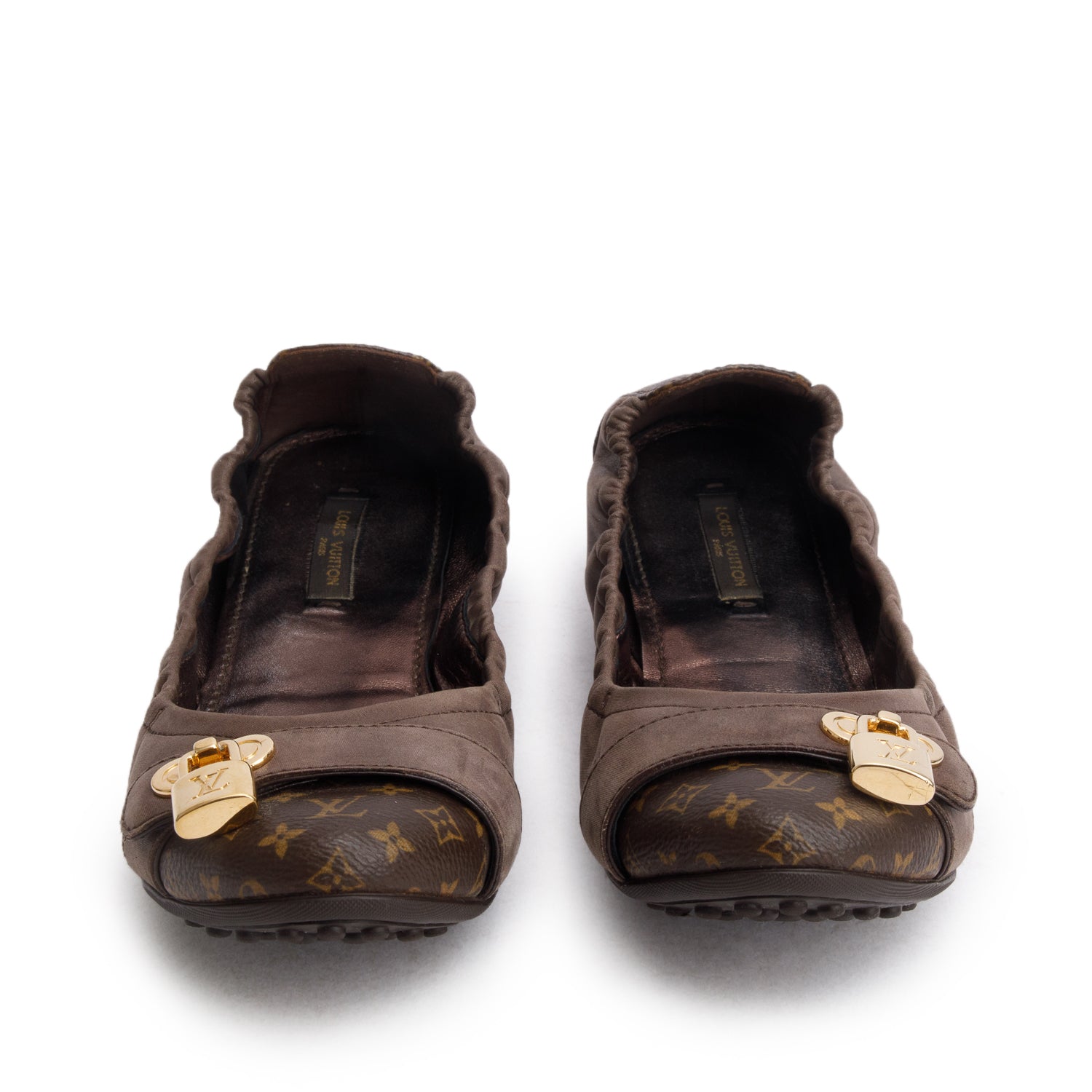Louis Vuitton Monogram Taupe Suede Flat Ballerina Shoes, Size 38.5 w/ Box
