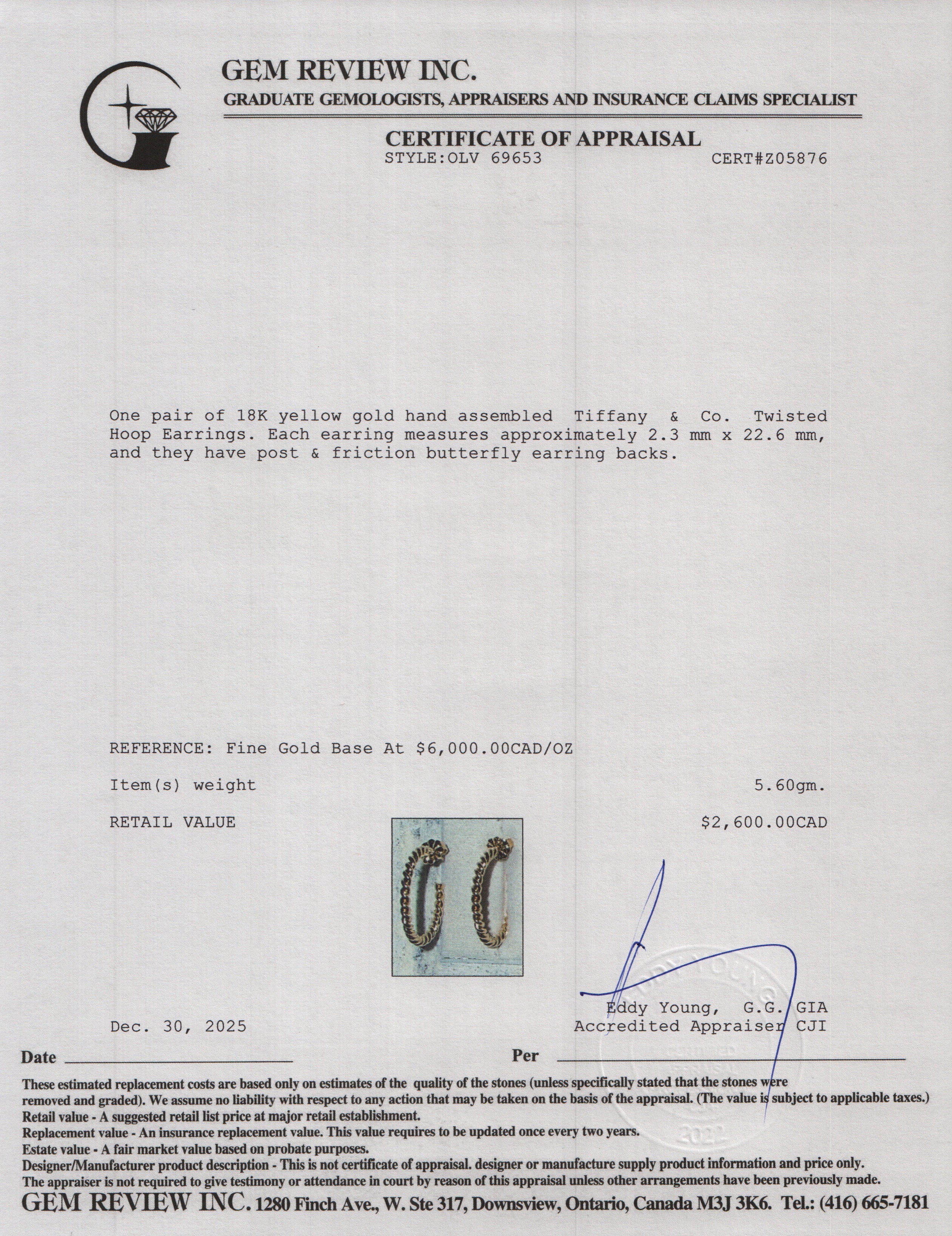 Tiffany & Co. 18k Yellow Gold Twisted Hoop Earrings w/ Box