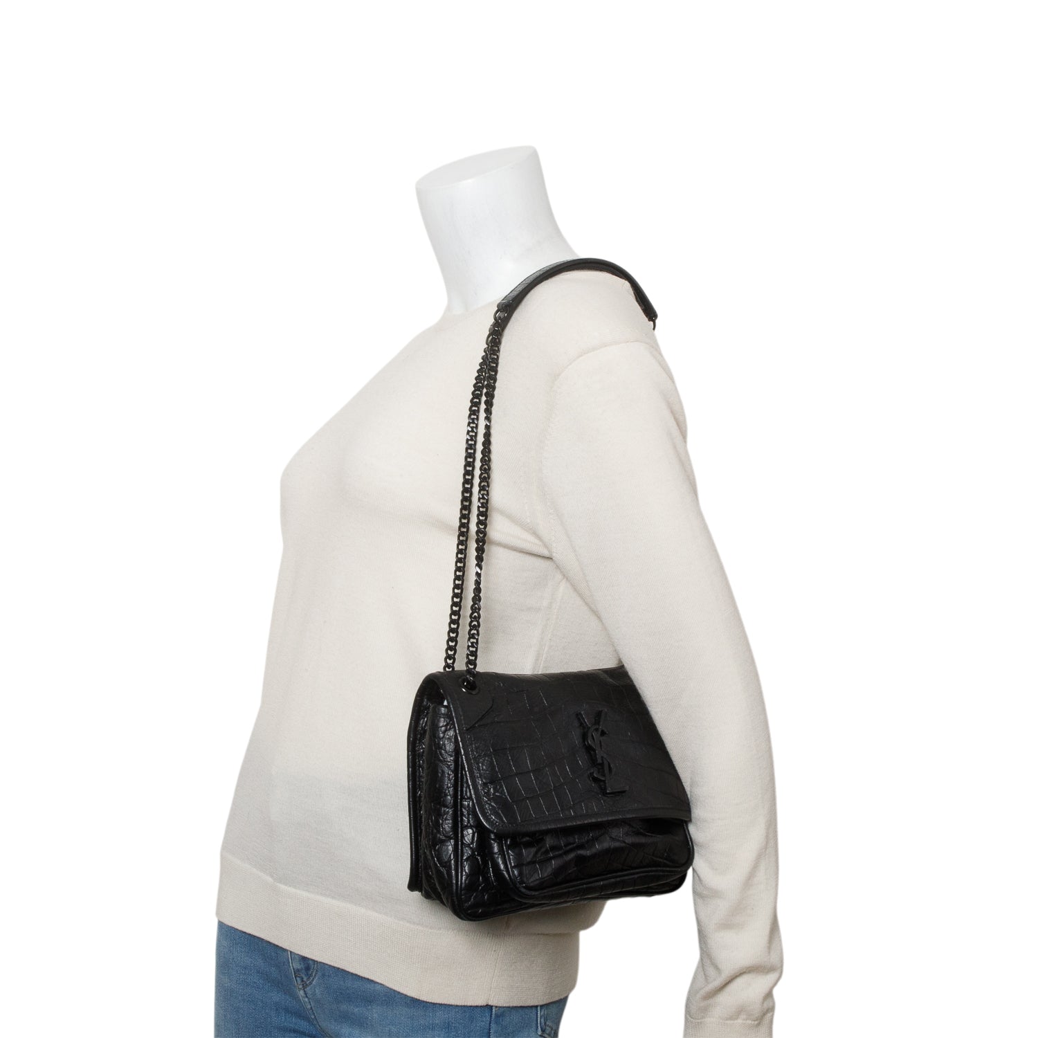 Saint Laurent 2020 Black Croc-Embossed Calfskin Matelasse Leather Baby Niki Shoulder Bag