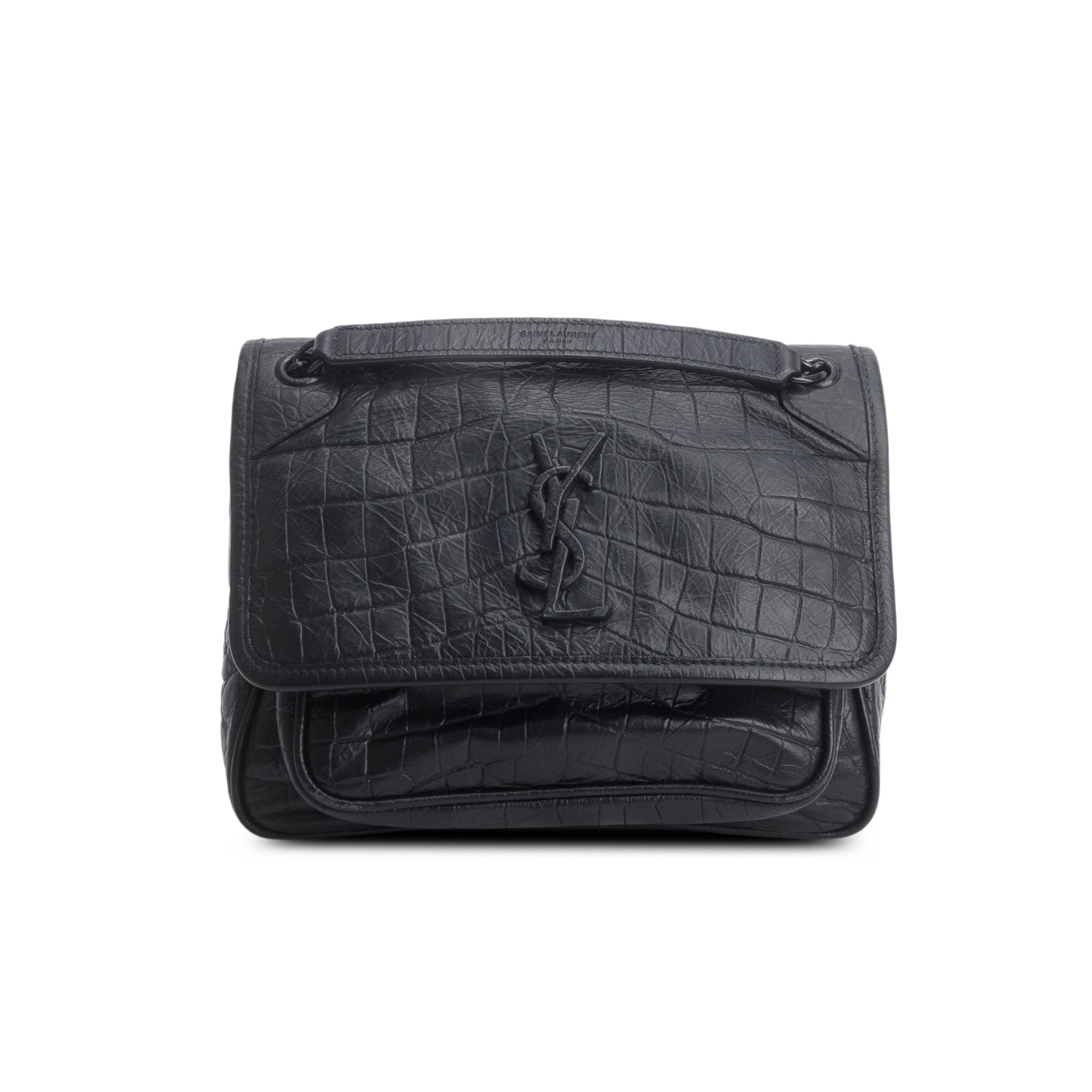 Saint Laurent 2020 Black Croc-Embossed Calfskin Matelasse Leather Baby Niki Shoulder Bag