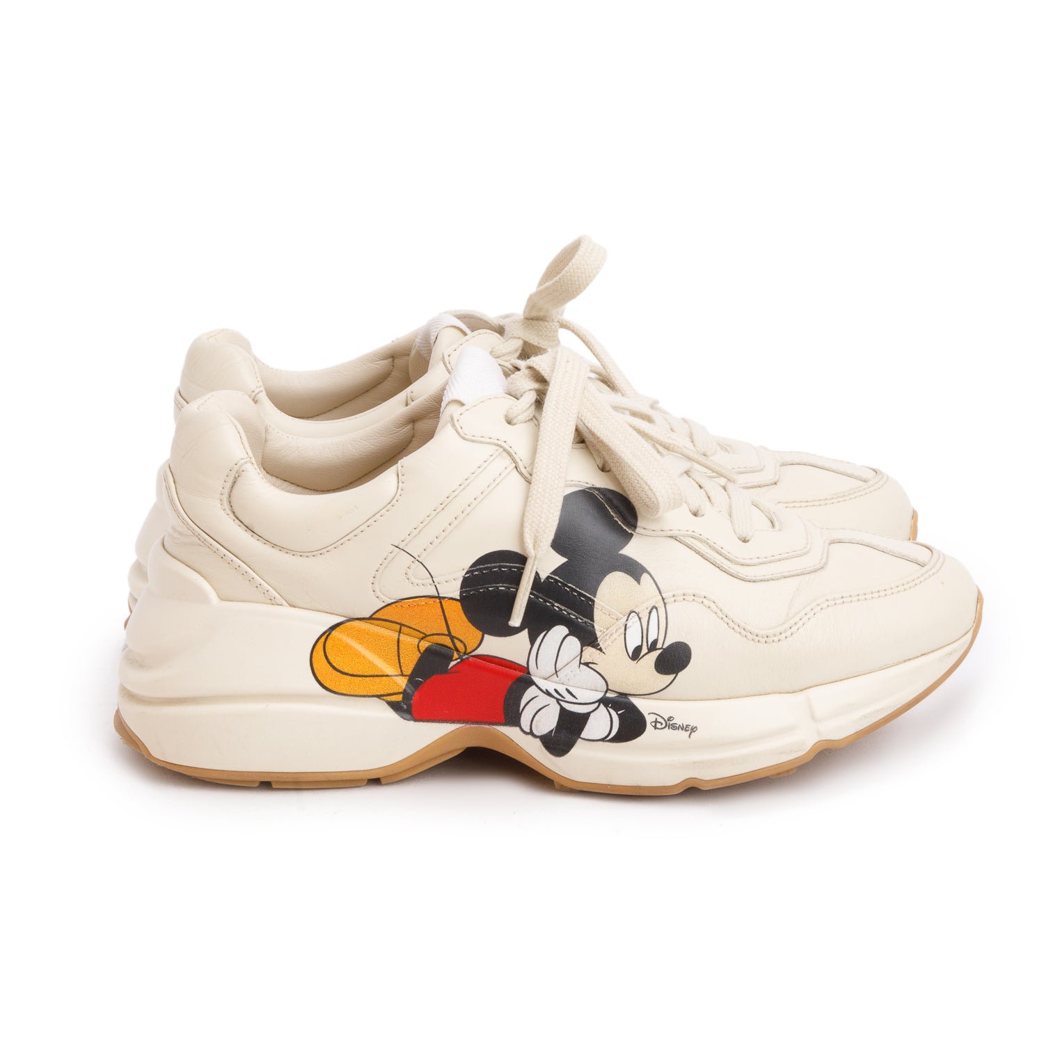 Gucci x Disney Beige Leather Mickey Rhyton Sneakers, Size 35.5 w/ Box