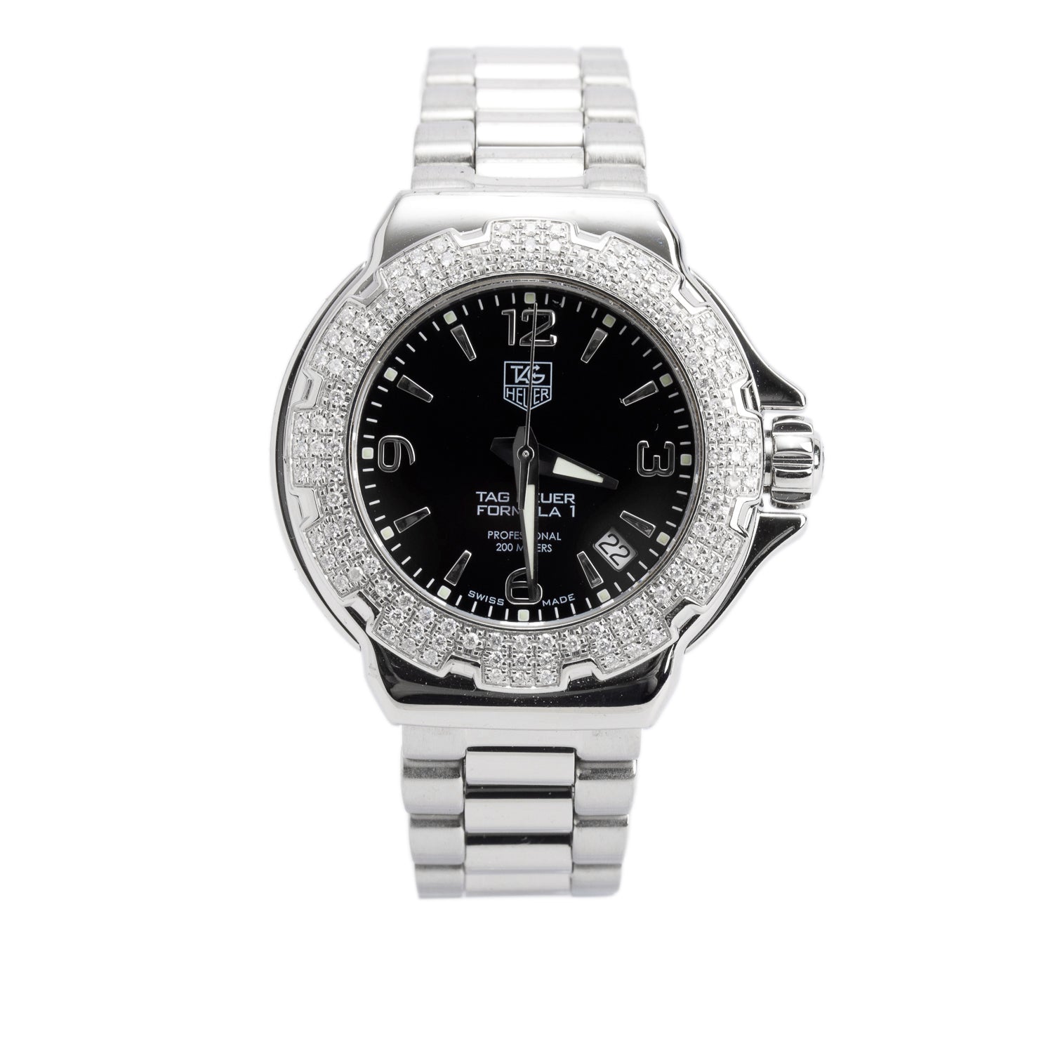 Tag Heuer Stainless Steel Diamond Bezel Formula 1 37 MM Quartz Watch Black Dial WAC1214-0
