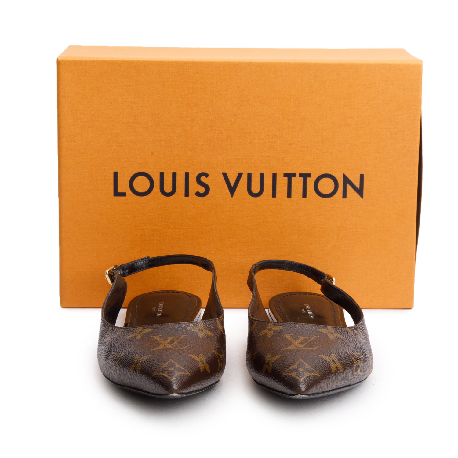 Louis Vuitton Brown Patent Leather Monogram Slingback Flat, Size 40 w/ Box