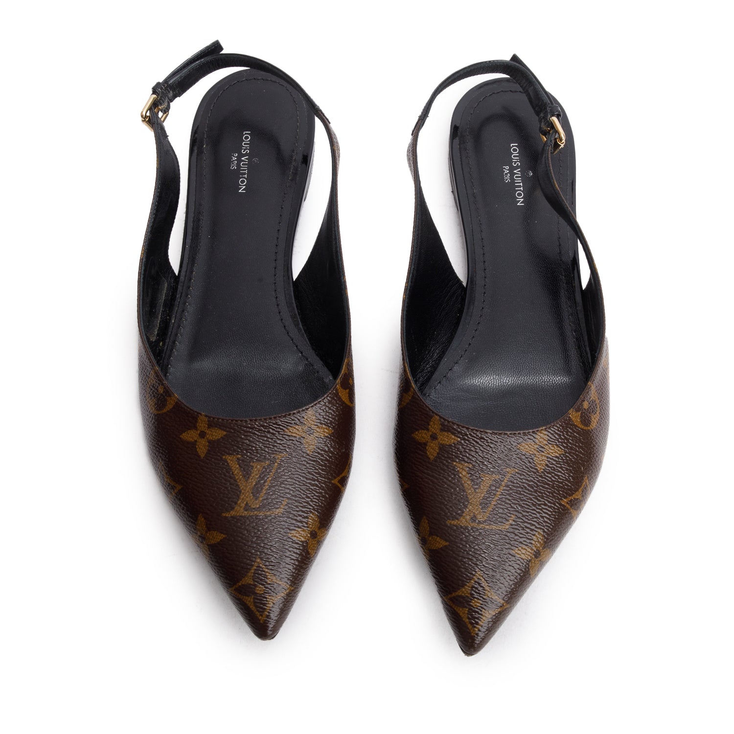 Louis Vuitton Brown Patent Leather Monogram Slingback Flat, Size 40 w/ Box