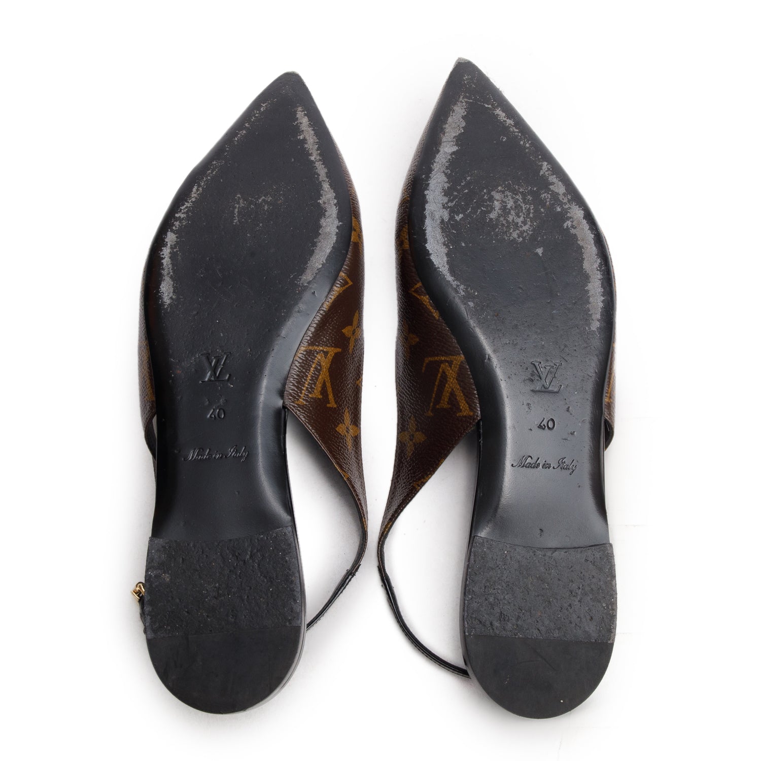 Louis Vuitton Brown Patent Leather Monogram Slingback Flat, Size 40 w/ Box