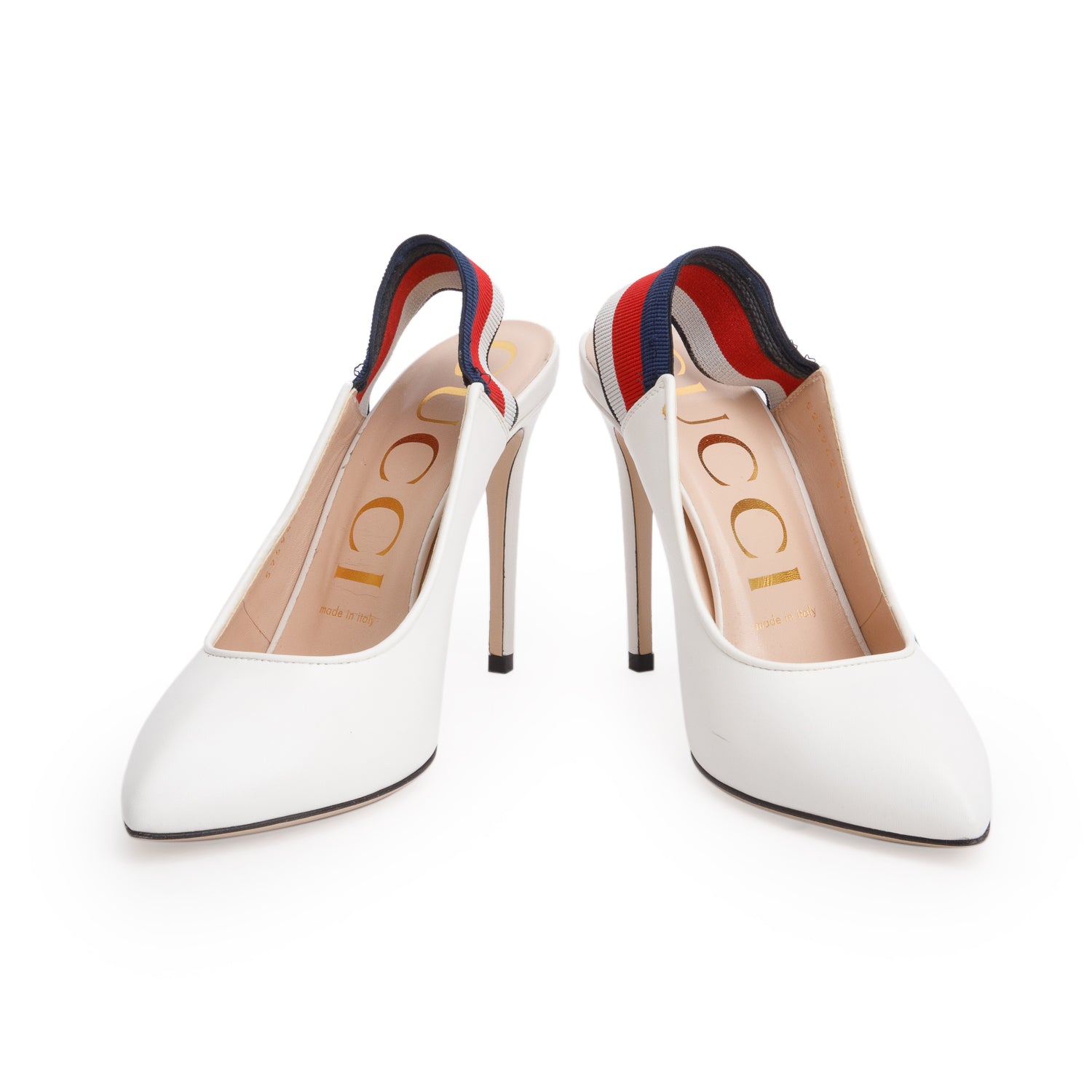 Gucci White Leather Web Bee Sylvie Slingback Pumps, Size 40