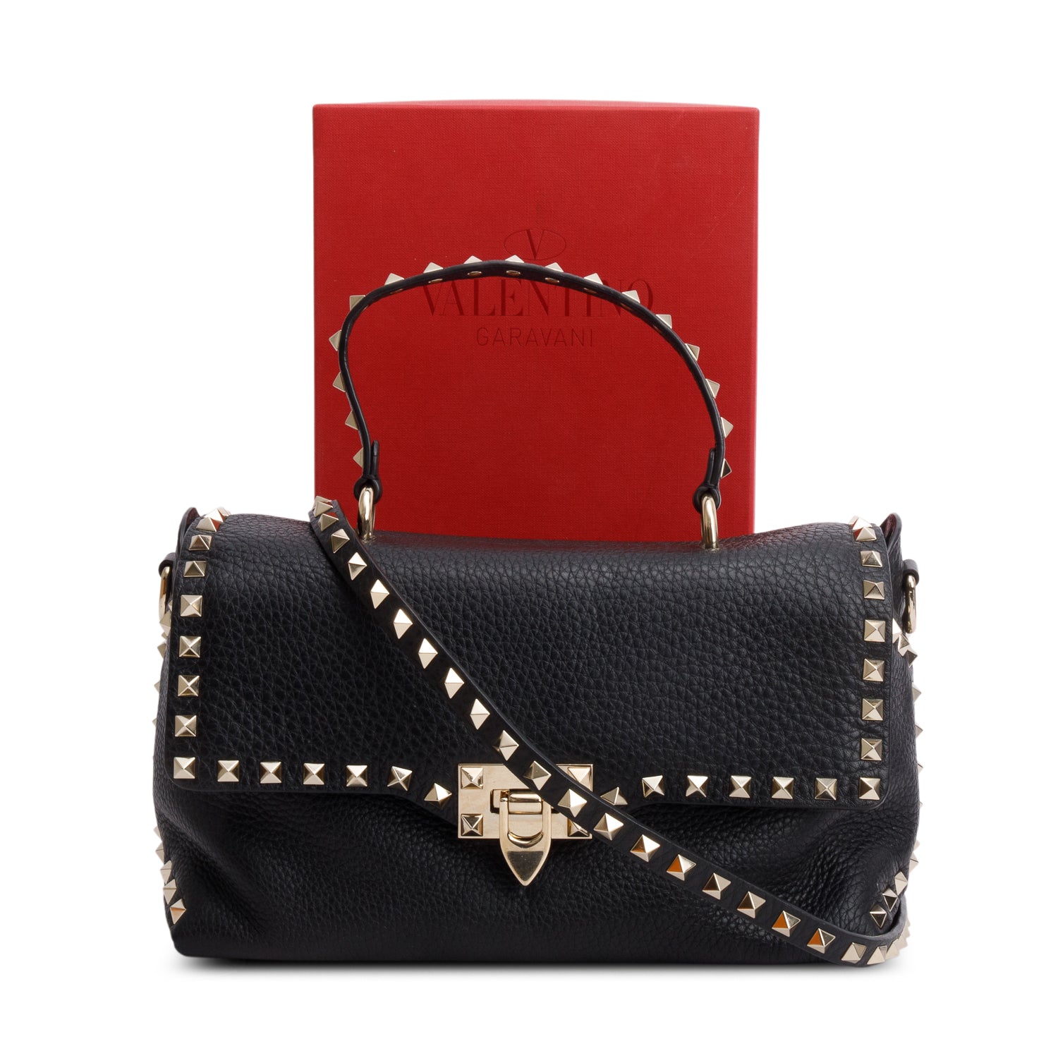 Valentino Black Grained Calfskin Leather Rockstud Top Handle Bag w/ Box