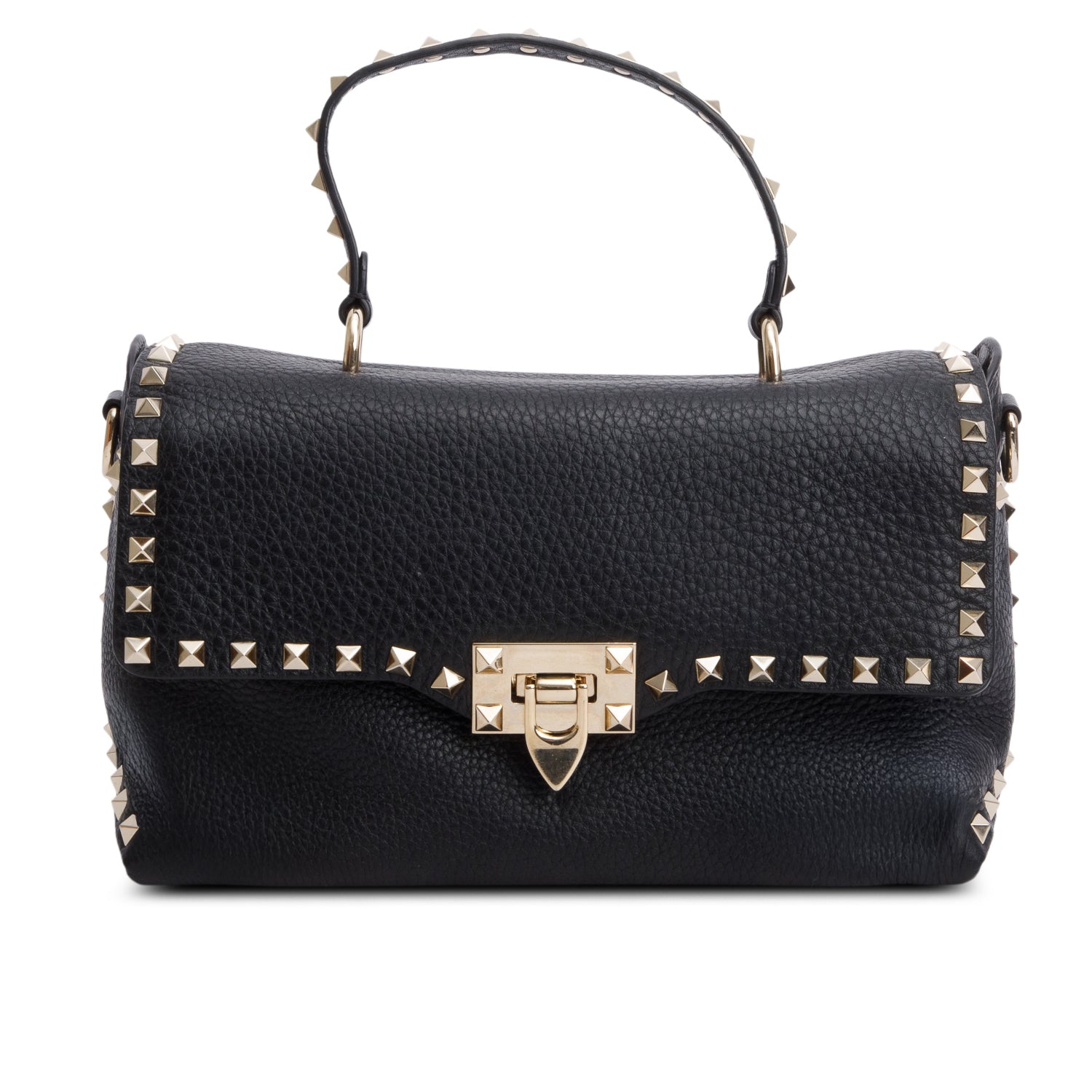 Valentino Black Grained Calfskin Leather Rockstud Top Handle Bag w/ Box