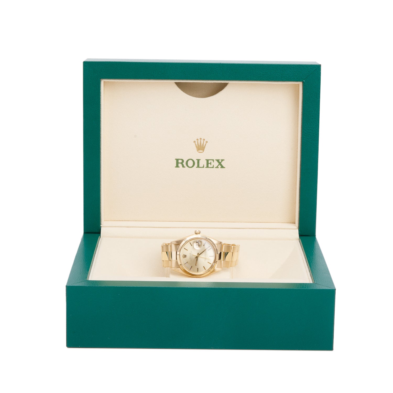 Rolex 18k Yellow Gold Oyster Perpetual Date 34 MM Watch Champagne Dial 1503 w/ Box