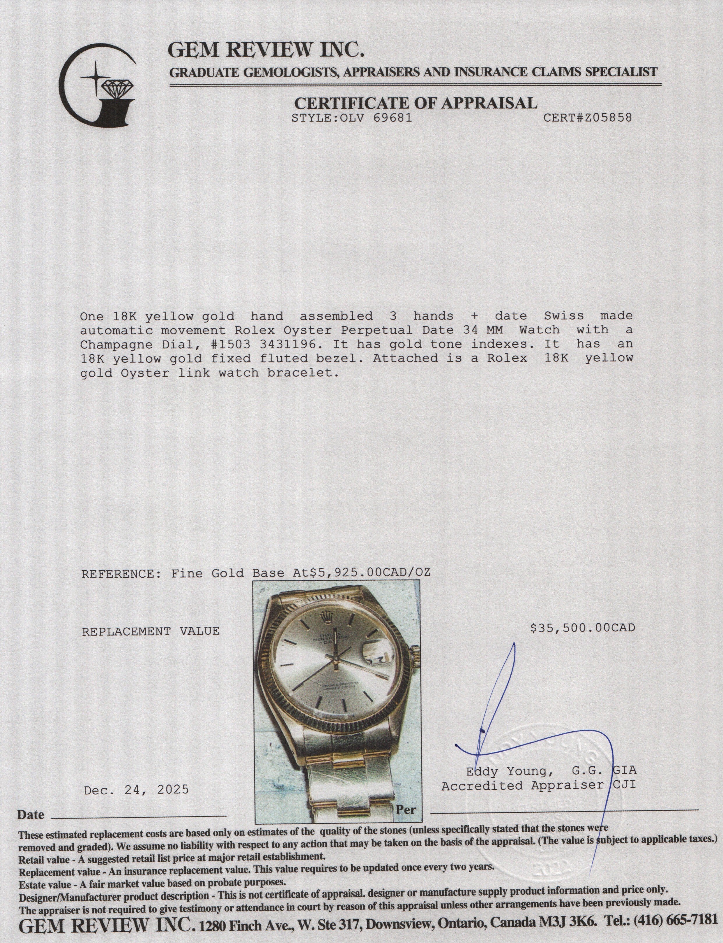 Rolex 18k Yellow Gold Oyster Perpetual Date 34 MM Watch Champagne Dial 1503 w/ Box