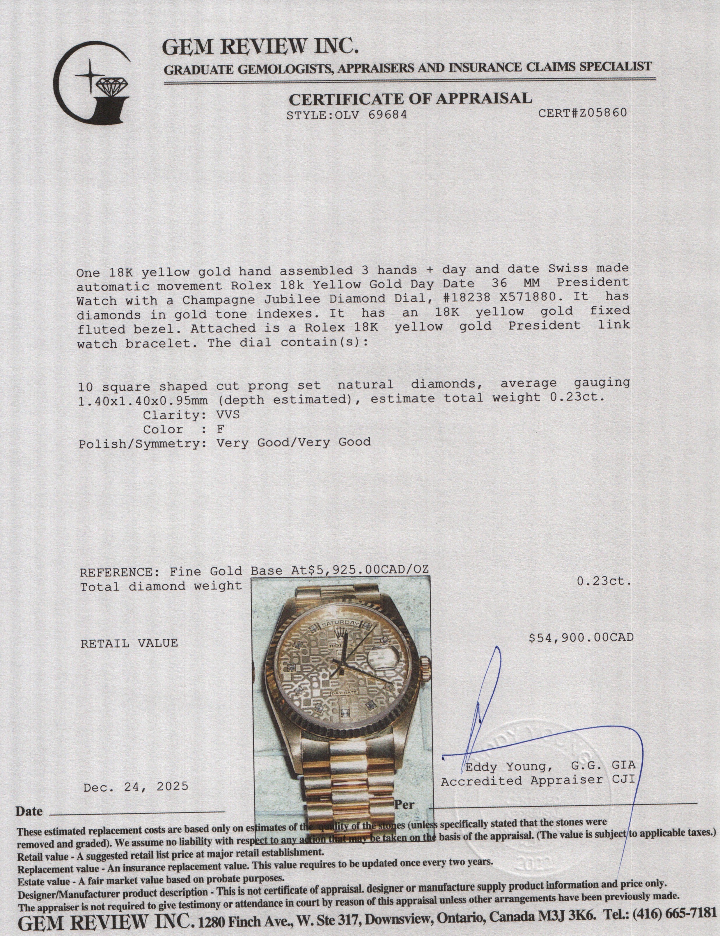 Rolex 18k Yellow Gold Day Date 36 MM President Watch Champagne Jubilee Diamond Dial 18238 w/ Box & Papers