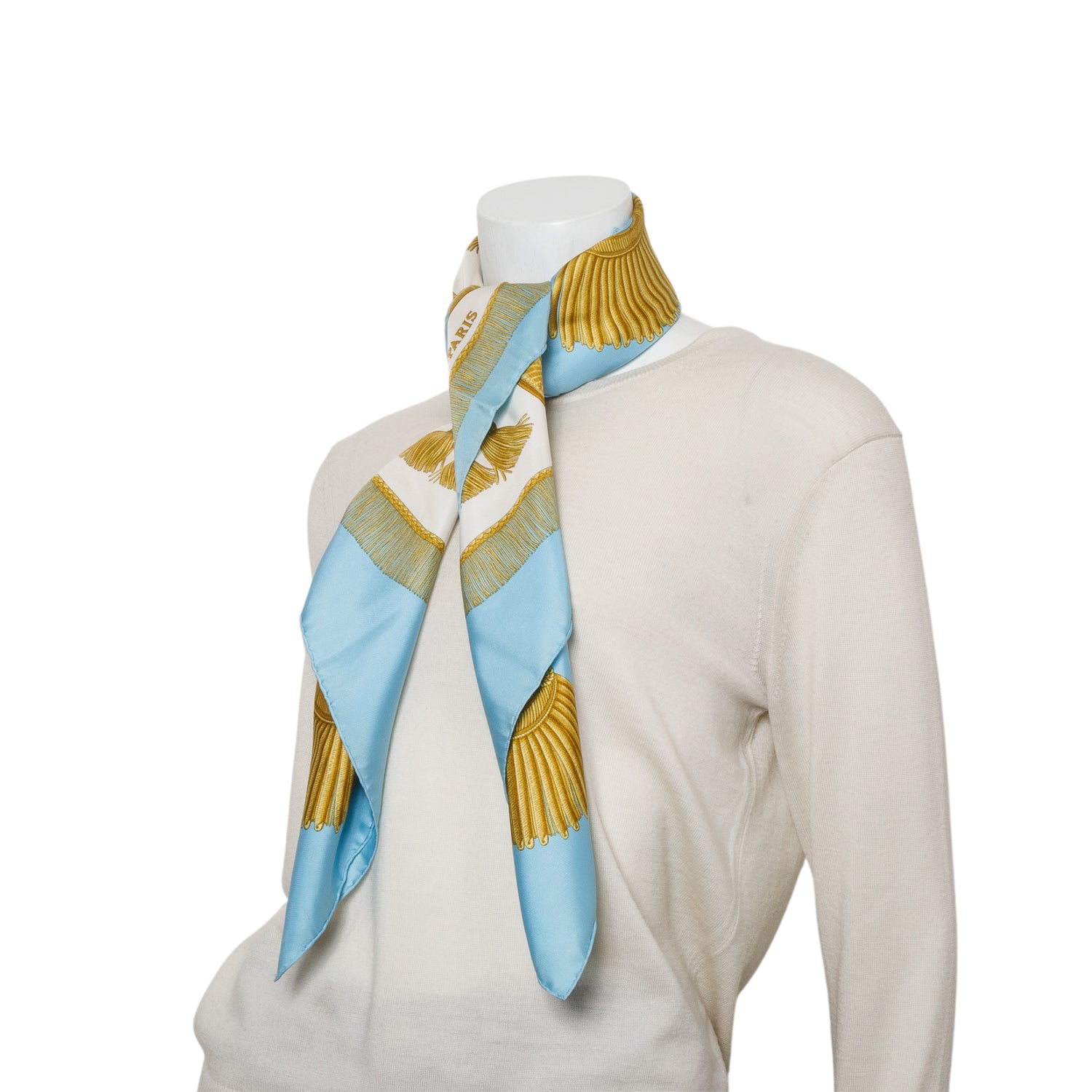 Hermes Blue/Gold 'Poste et Cavalerie' Silk Scarf 90