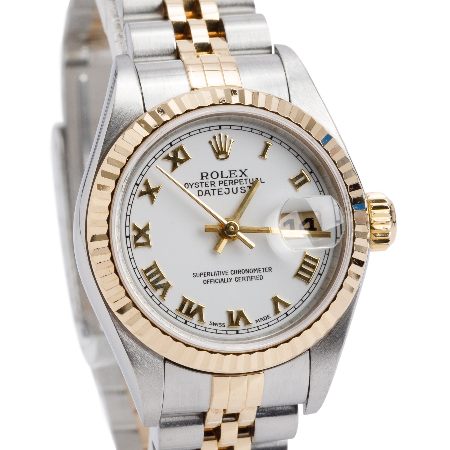 Rolex Stainless Steel & 18k Yellow Gold Datejust 26 MM Watch White Roman Dial 79173 w/ Service Box