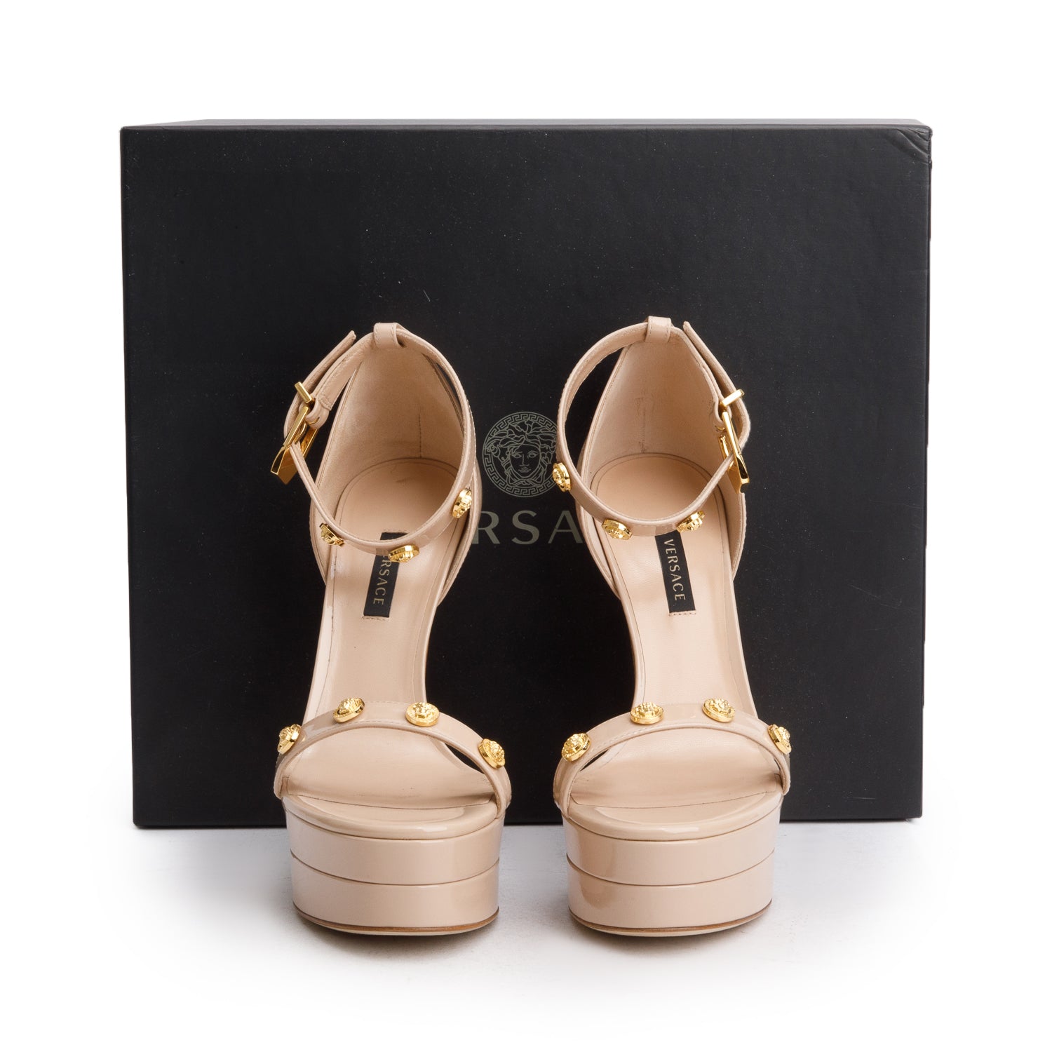 Versace Nude Patent Leather Medusa Insignia Slingback D'Orsay Platform Sandals, Size 37 w/ Box