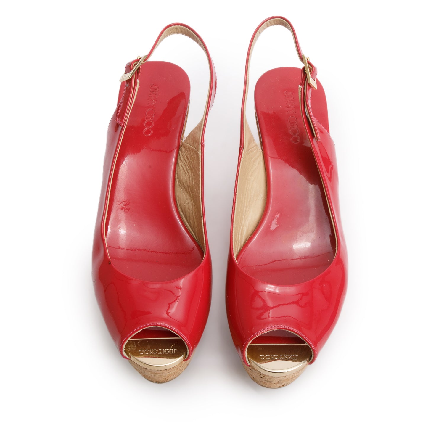 Jimmy Choo Pink Patent Leather Cork Prova Wedge Sandals, Size 38