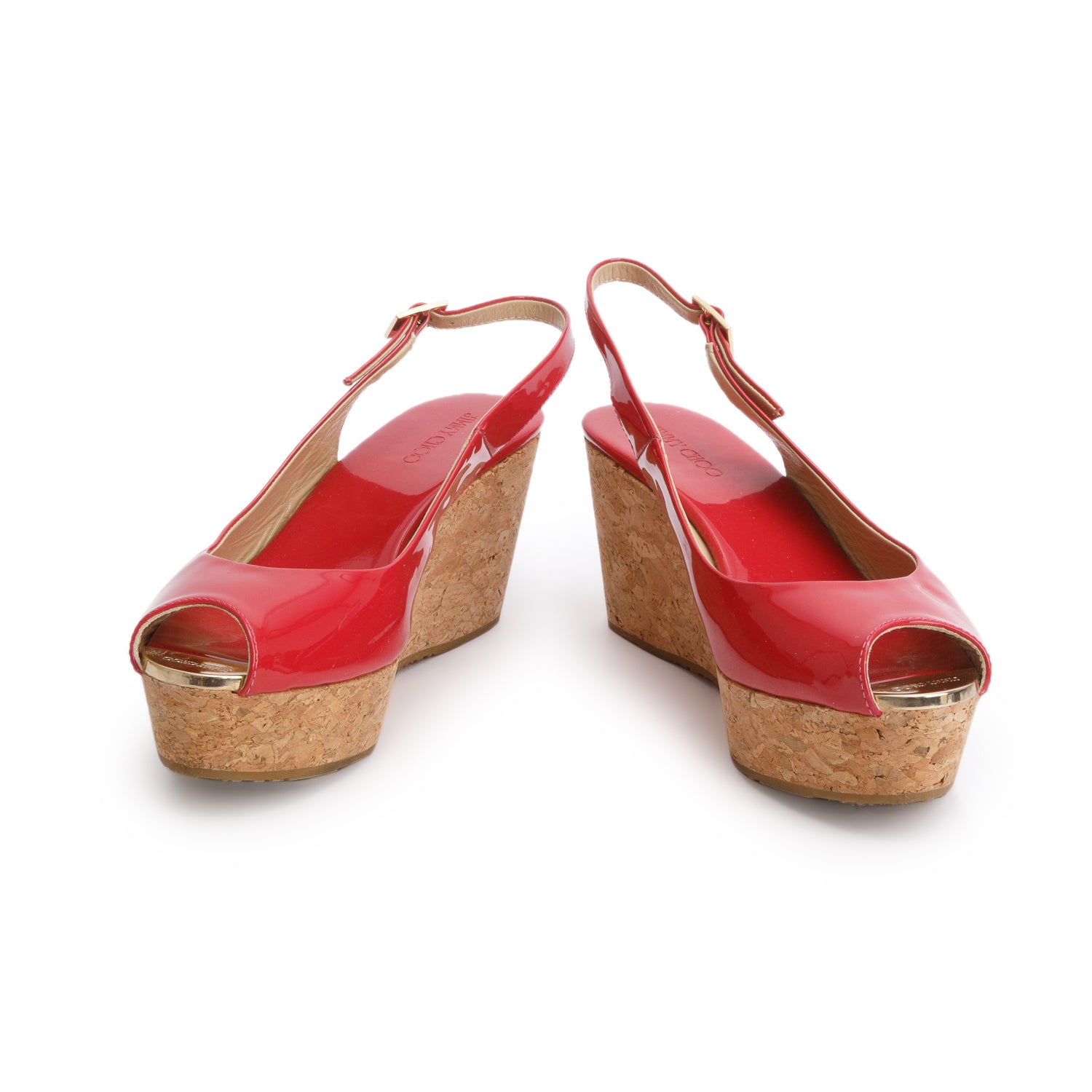 Jimmy Choo Pink Patent Leather Cork Prova Wedge Sandals, Size 38