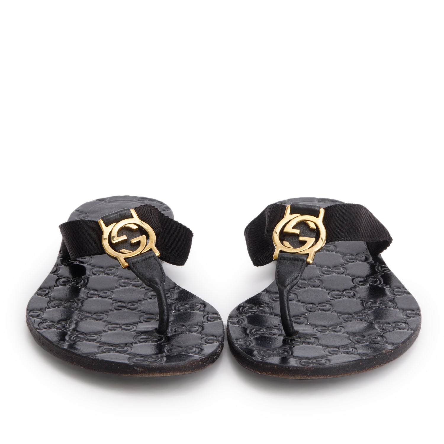 Gucci Black Nylon Calfskin Guccissima GG Thong Sandals, Size 38.5