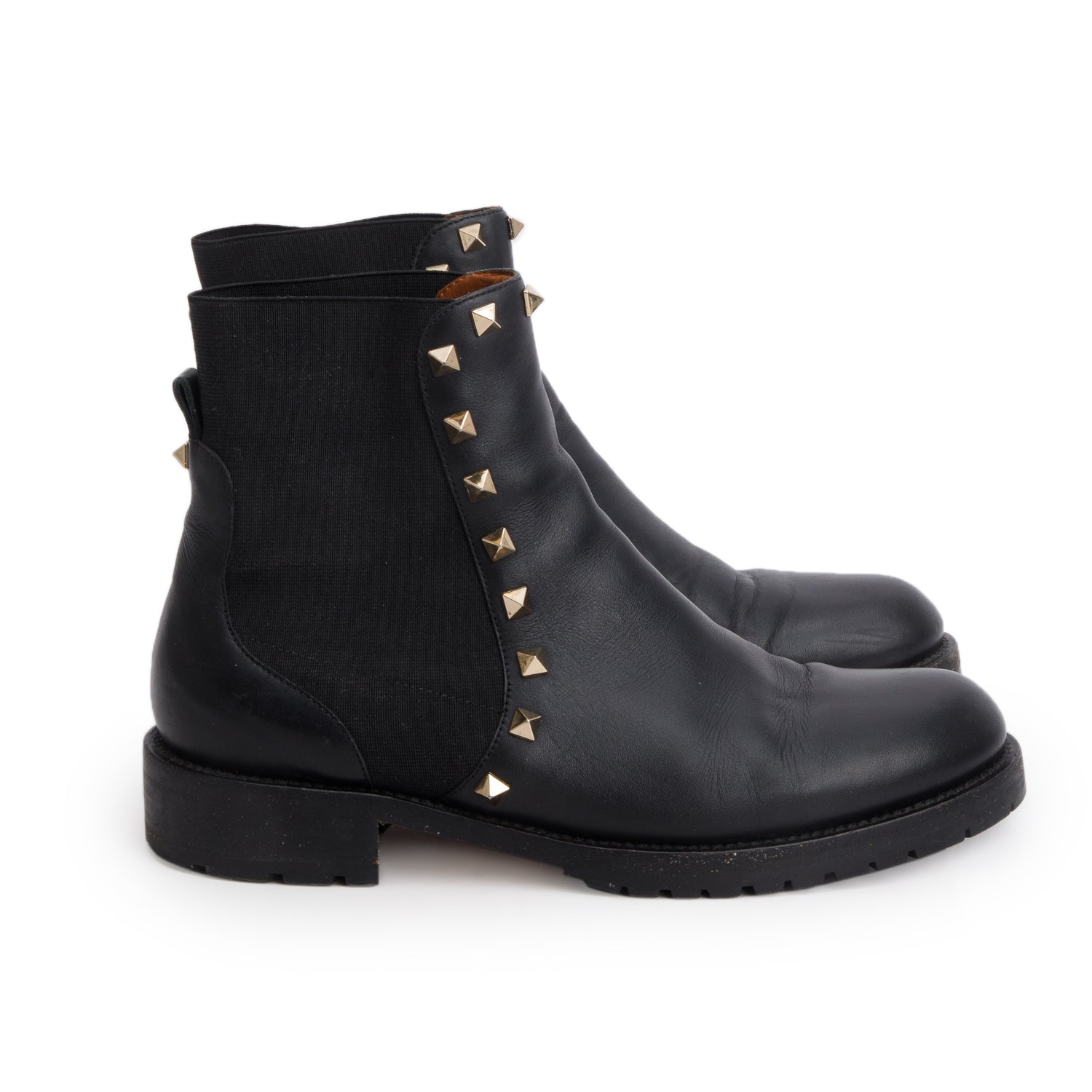 Valentino Black Calfskin Rockstud Beatle Chelsea Ankle Boots, Size 37.5
