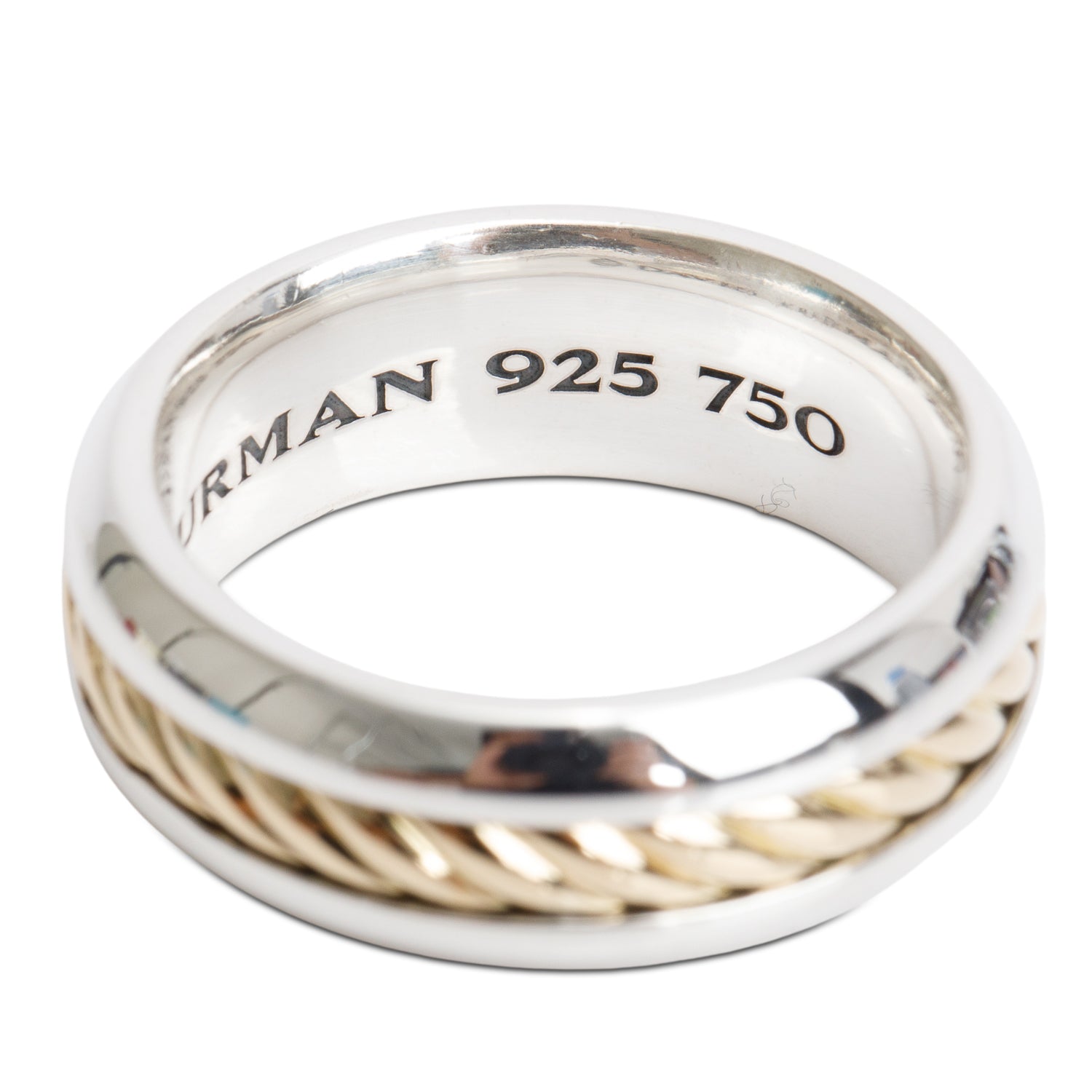 David Yurman Sterling Silver & 18k Yellow Gold Cable Insert 8 MM Band Ring, Size 9.5