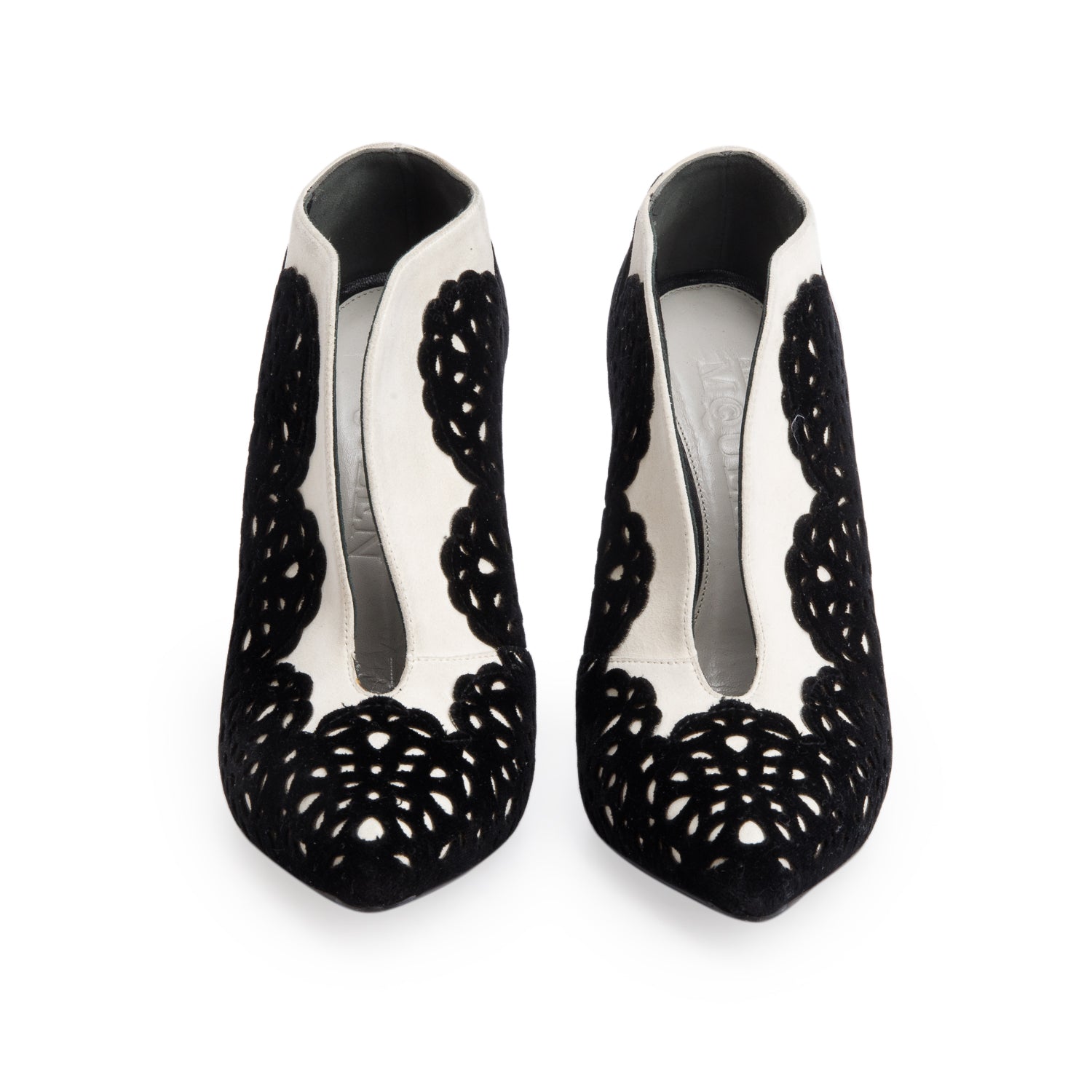 Alexander McQueen White/Black Suede Laser Cut Velvet Pumps, Size 36