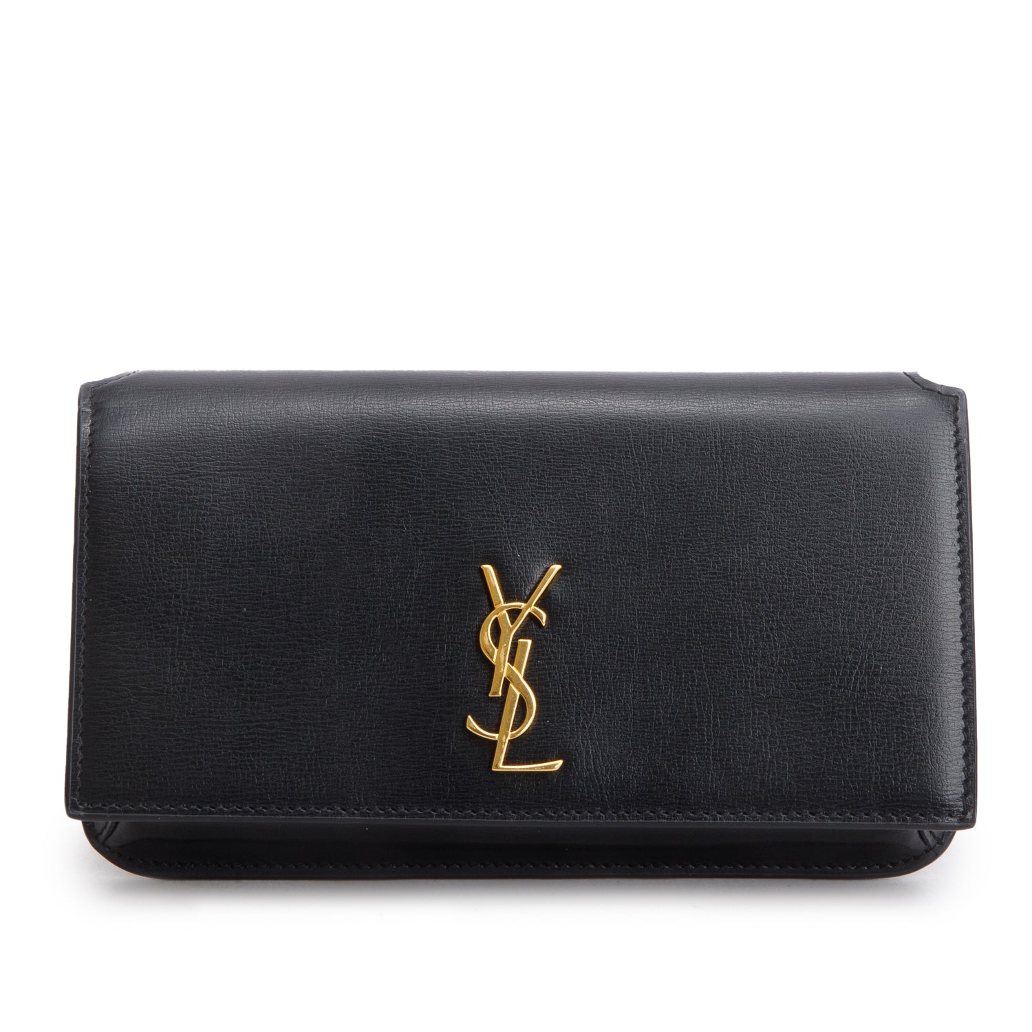 Saint Laurent 2024 Black Smooth Leather Cassandre Phone Holder w/ Box