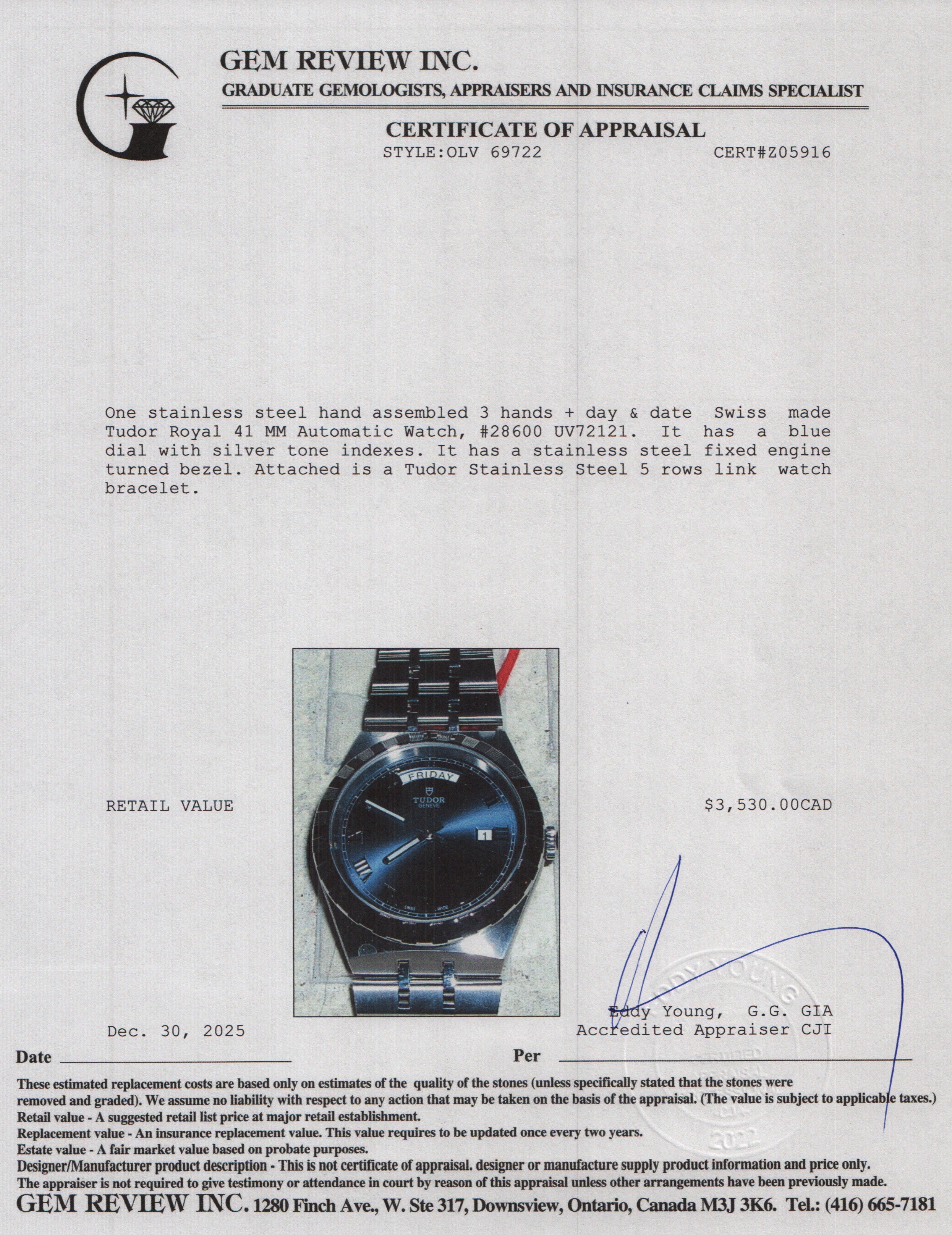 Tudor 2024 Stainless Steel Royal Day-Date 41 MM Automatic Watch Blue Dial 28600 w/ Box & Papers
