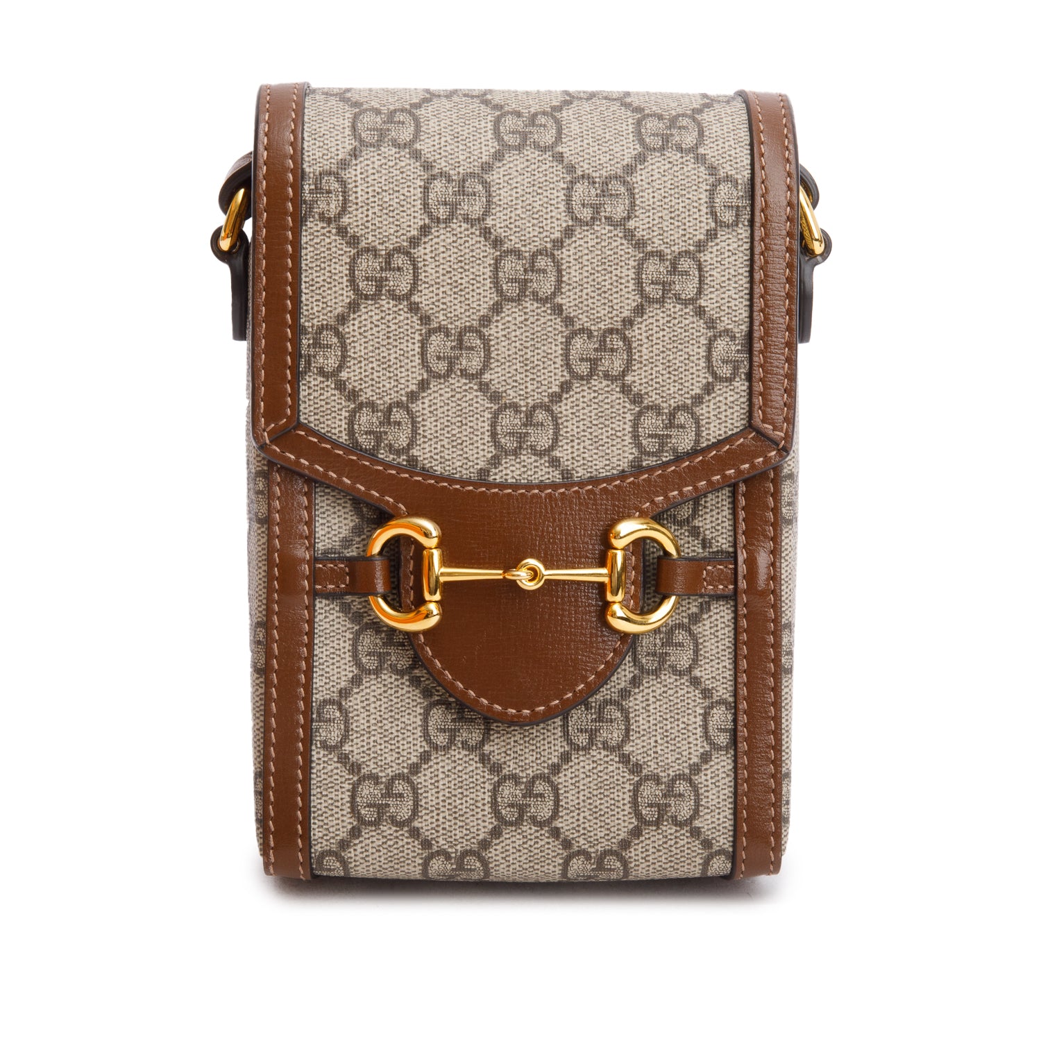 Gucci GG Supreme Brown Leather Trim Mini Horsebit 1955 Crossbody Bag w/ Box