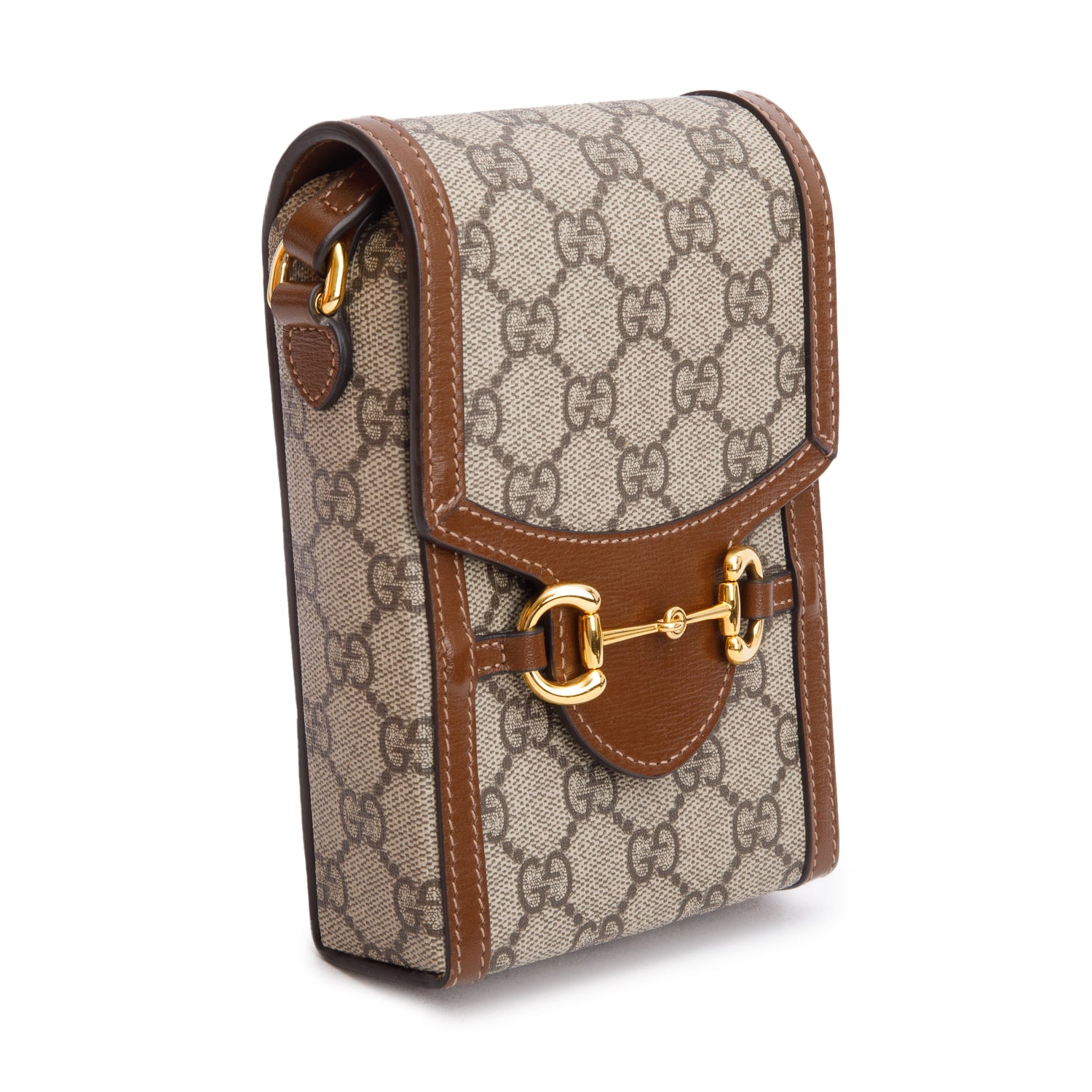 Gucci GG Supreme Brown Leather Trim Mini Horsebit 1955 Crossbody Bag w/ Box