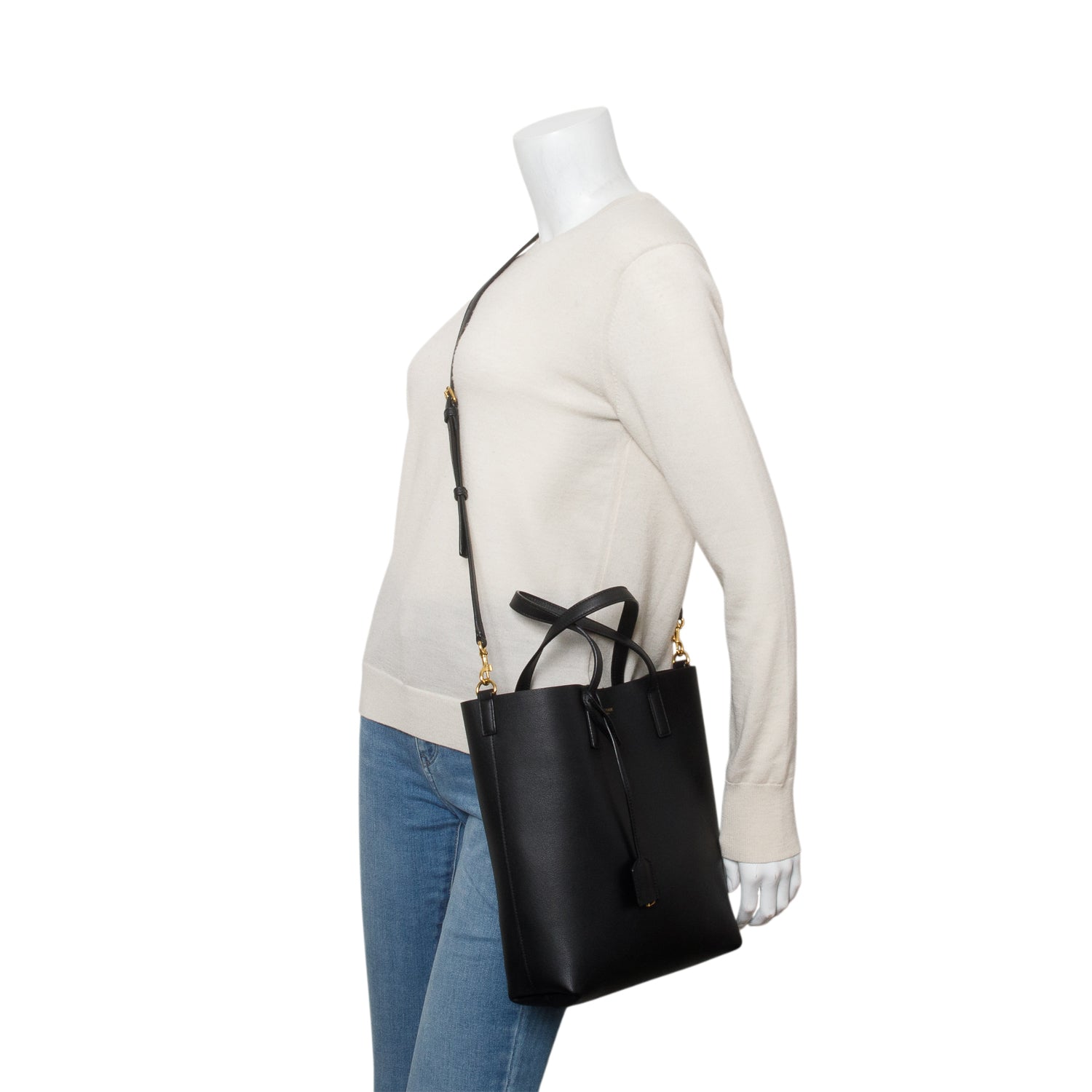 Saint Laurent 2023 Black Calfskin Leather Toy Shopping Tote w/ Strap