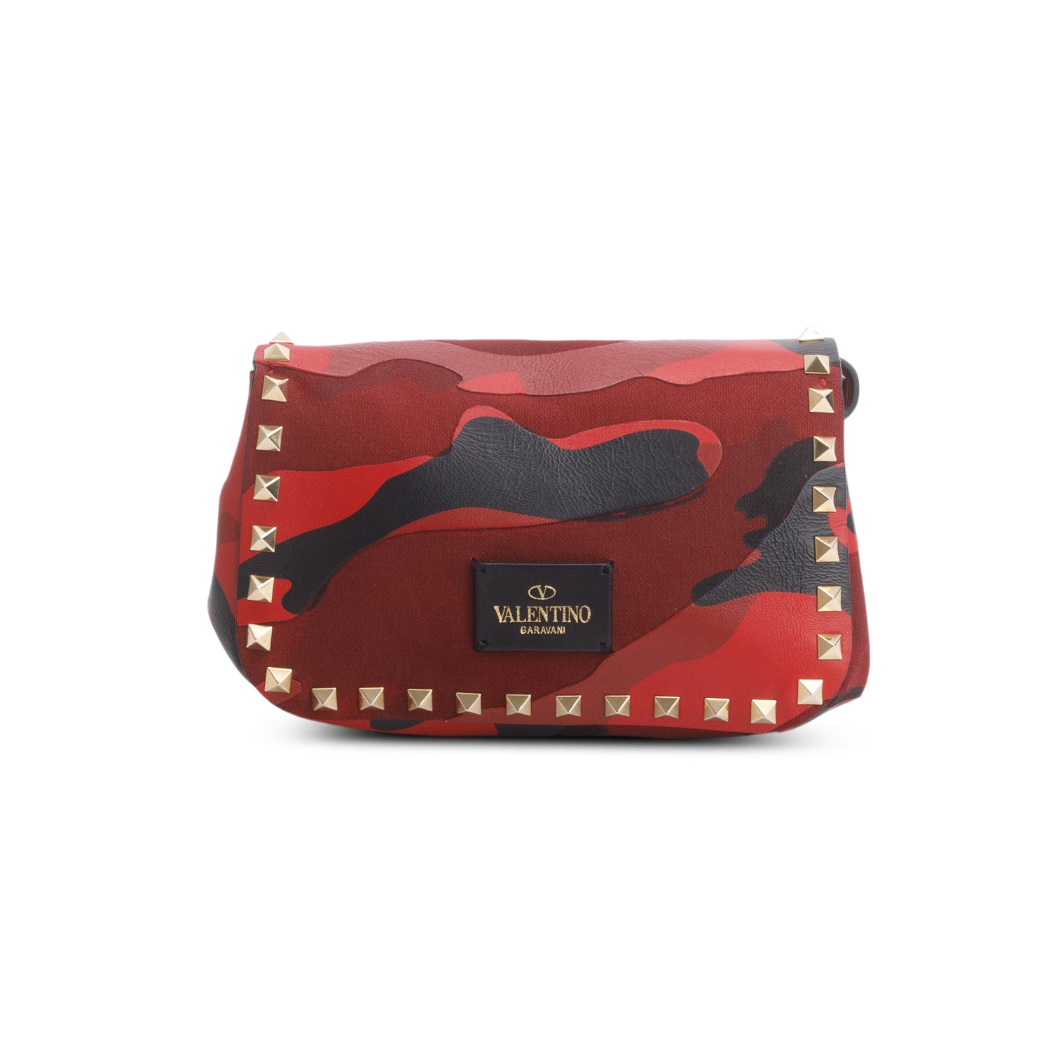 Valentino Red Nappa Canvas Camouflage Rockstud Flap Saddle Crossbody