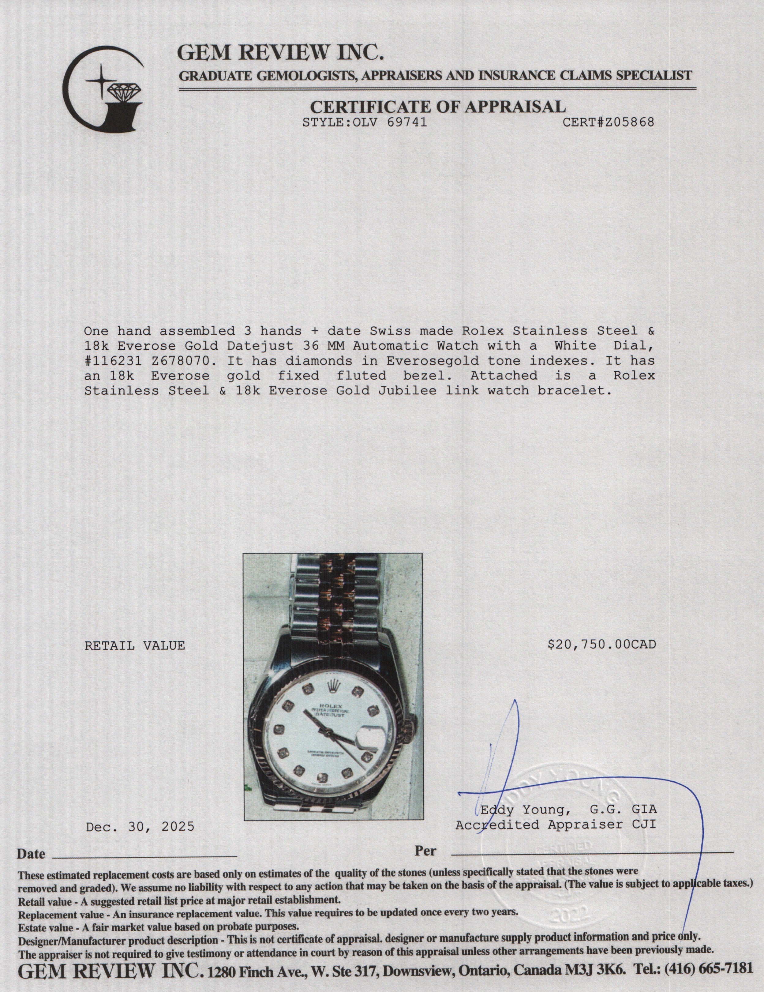 Rolex Stainless Steel & 18k Everose Gold Datejust 36 MM Automatic Watch White Diamond Dial 116231