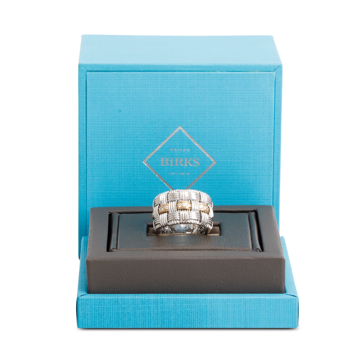 Birks 18k White and Rose Gold Diamond Weave Wide Band Ring, Size 6.5 w/ Box