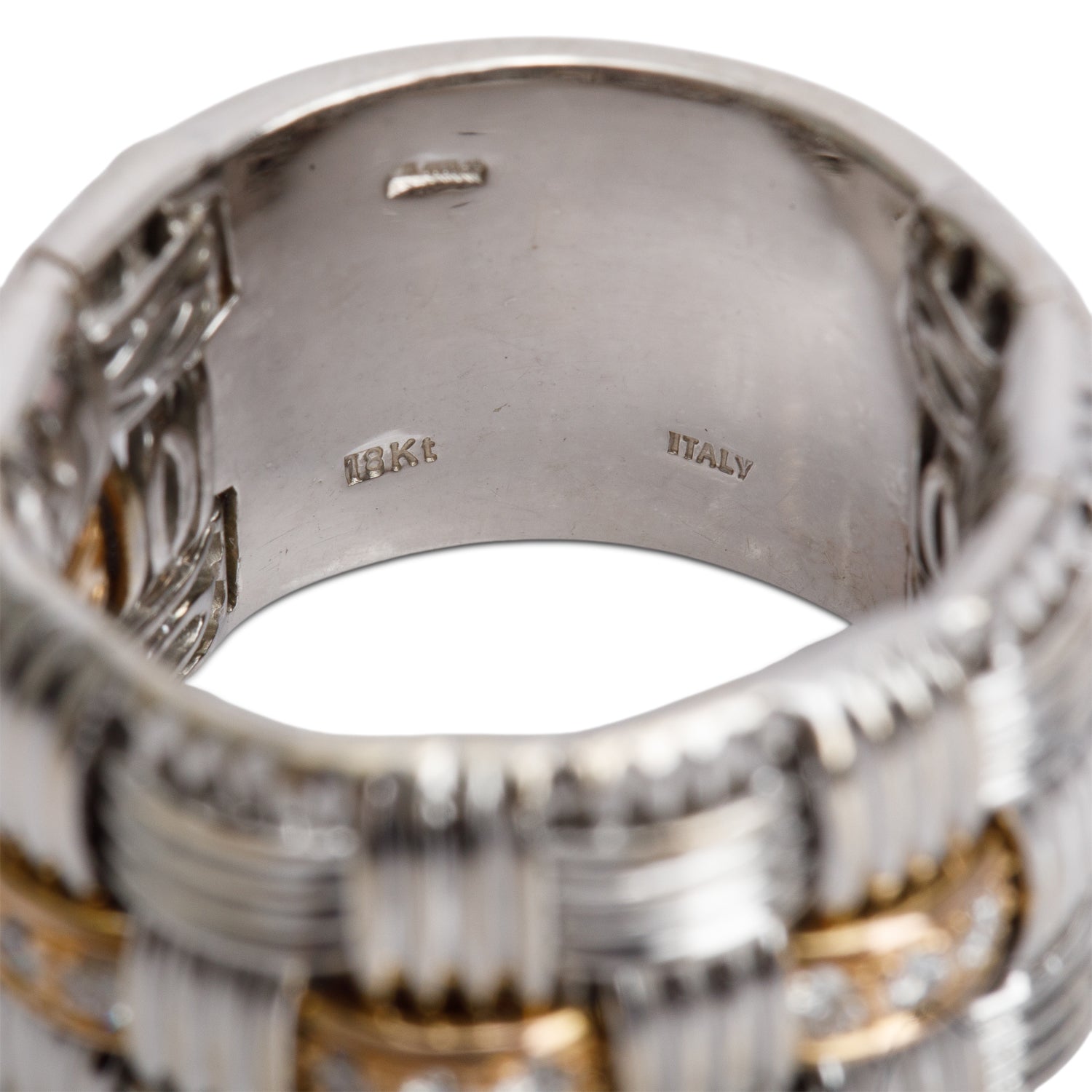 Birks 18k White and Rose Gold Diamond Weave Wide Band Ring, Size 6.5 w/ Box