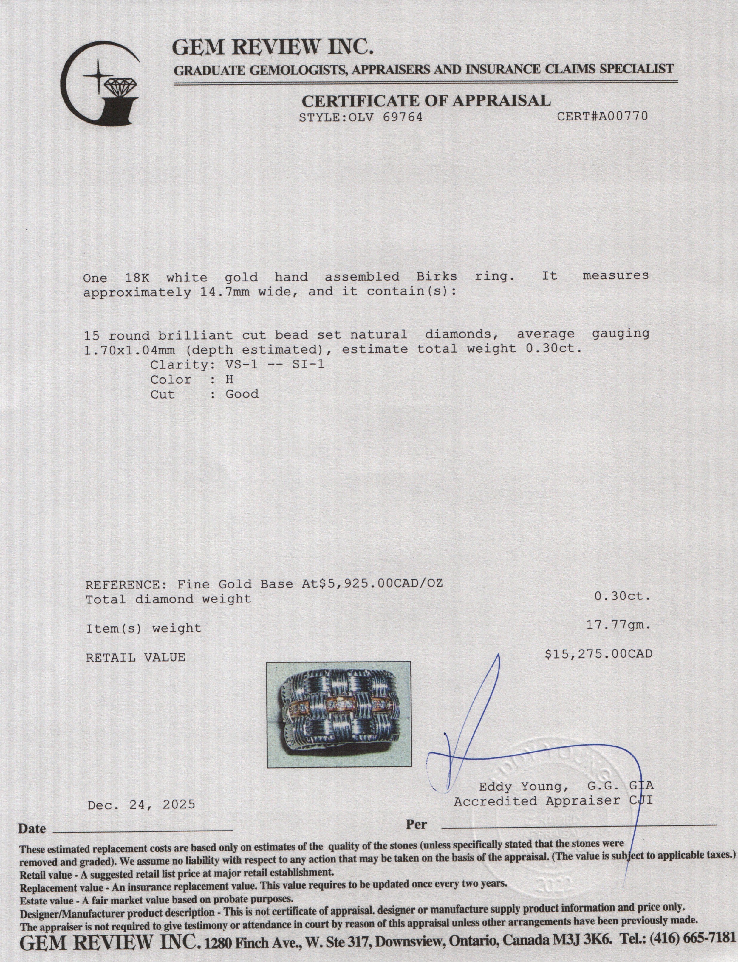 Birks 18k White and Rose Gold Diamond Weave Wide Band Ring, Size 6.5 w/ Box