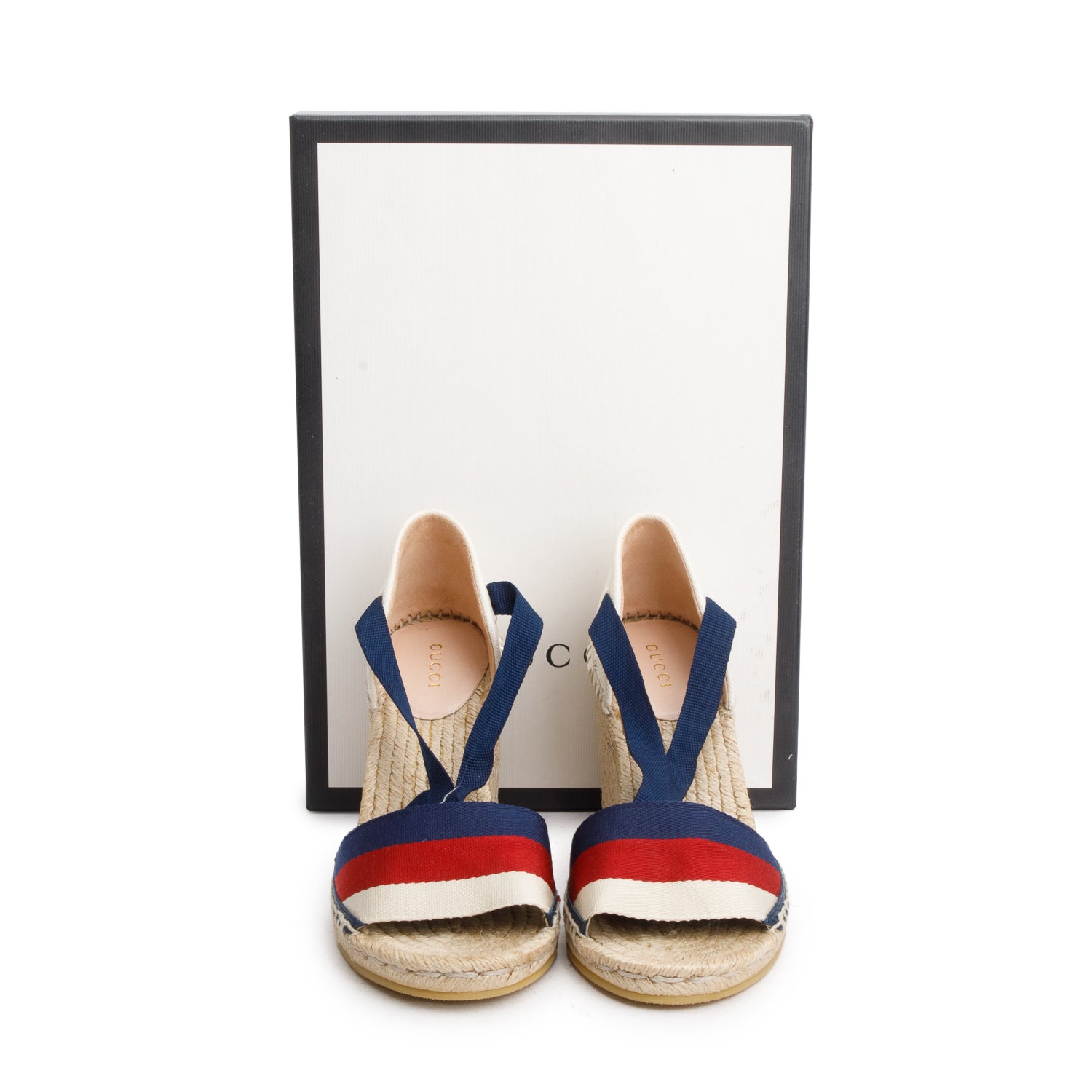 Gucci Canvas Malaga Kid Web Ankle Wrap Espadrille Wedge Sandals, Size 37.5 w/ Box