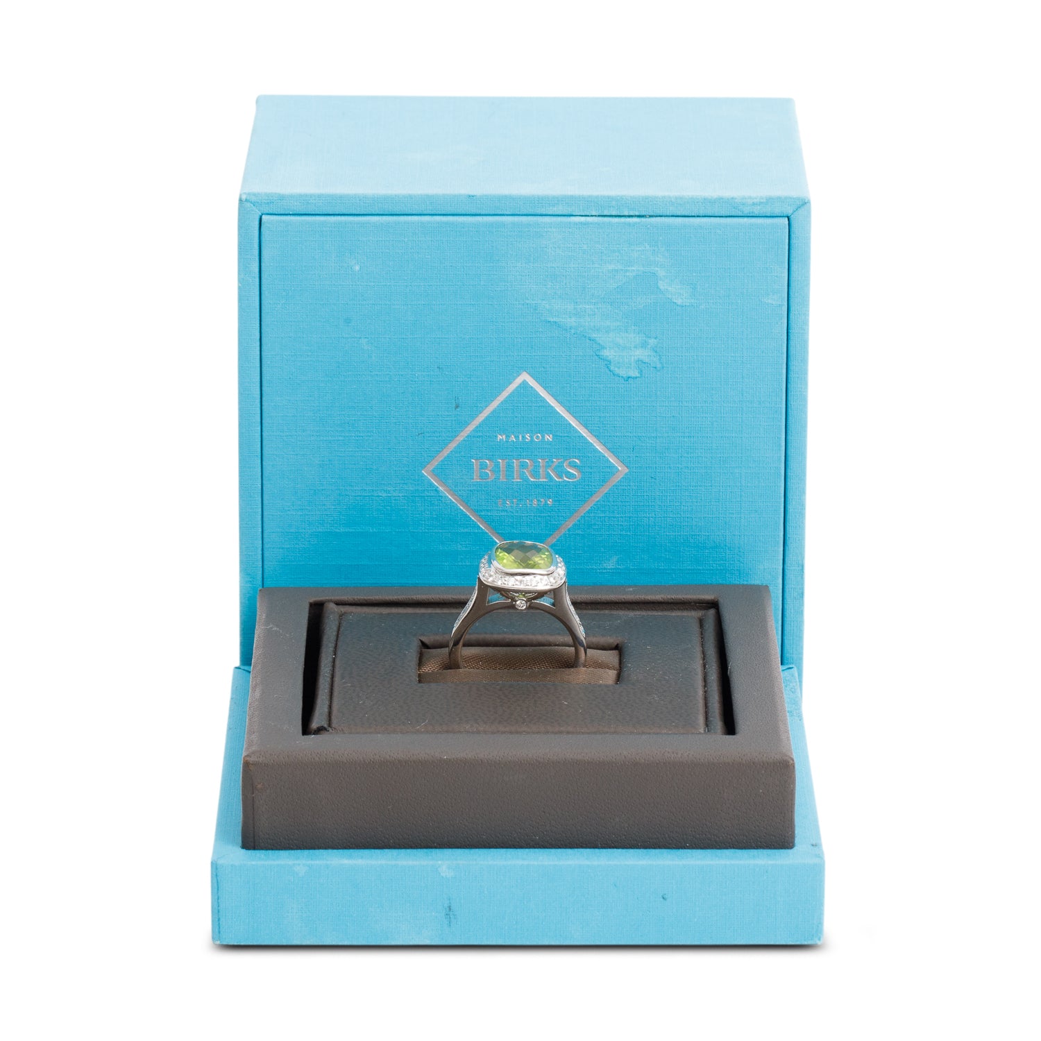 Birks 18k White Gold Peridot & Diamond Ring, Size 5.5 w/ Box
