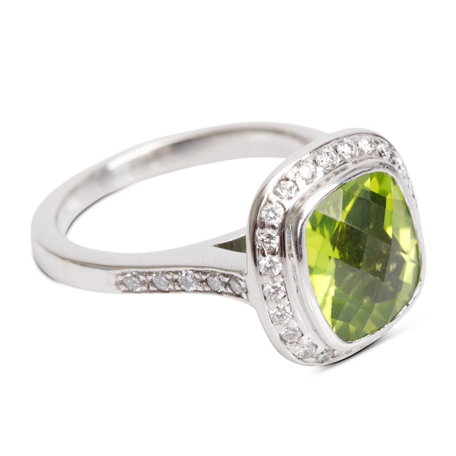 Birks 18k White Gold Peridot & Diamond Ring, Size 5.5 w/ Box