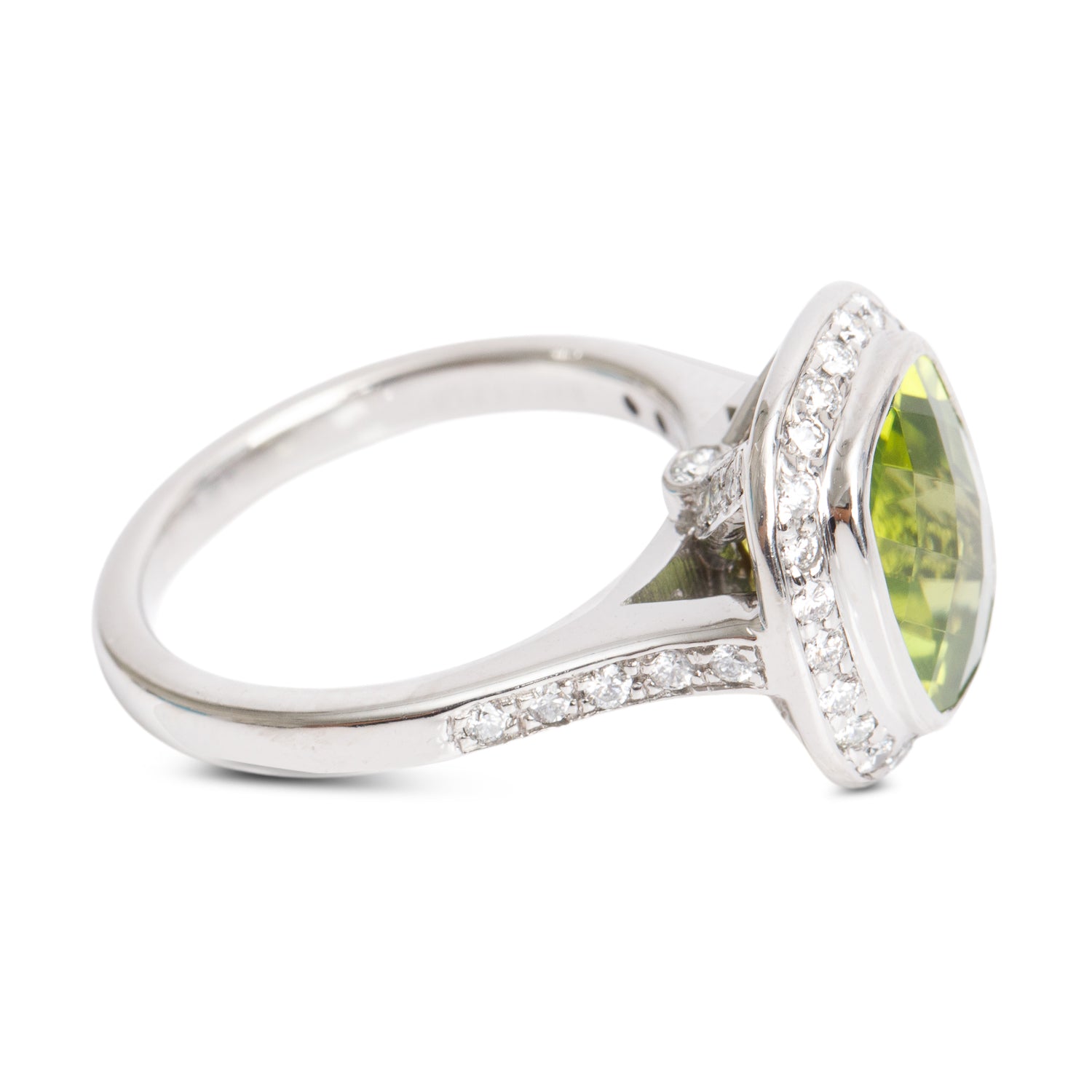 Birks 18k White Gold Peridot & Diamond Ring, Size 5.5 w/ Box
